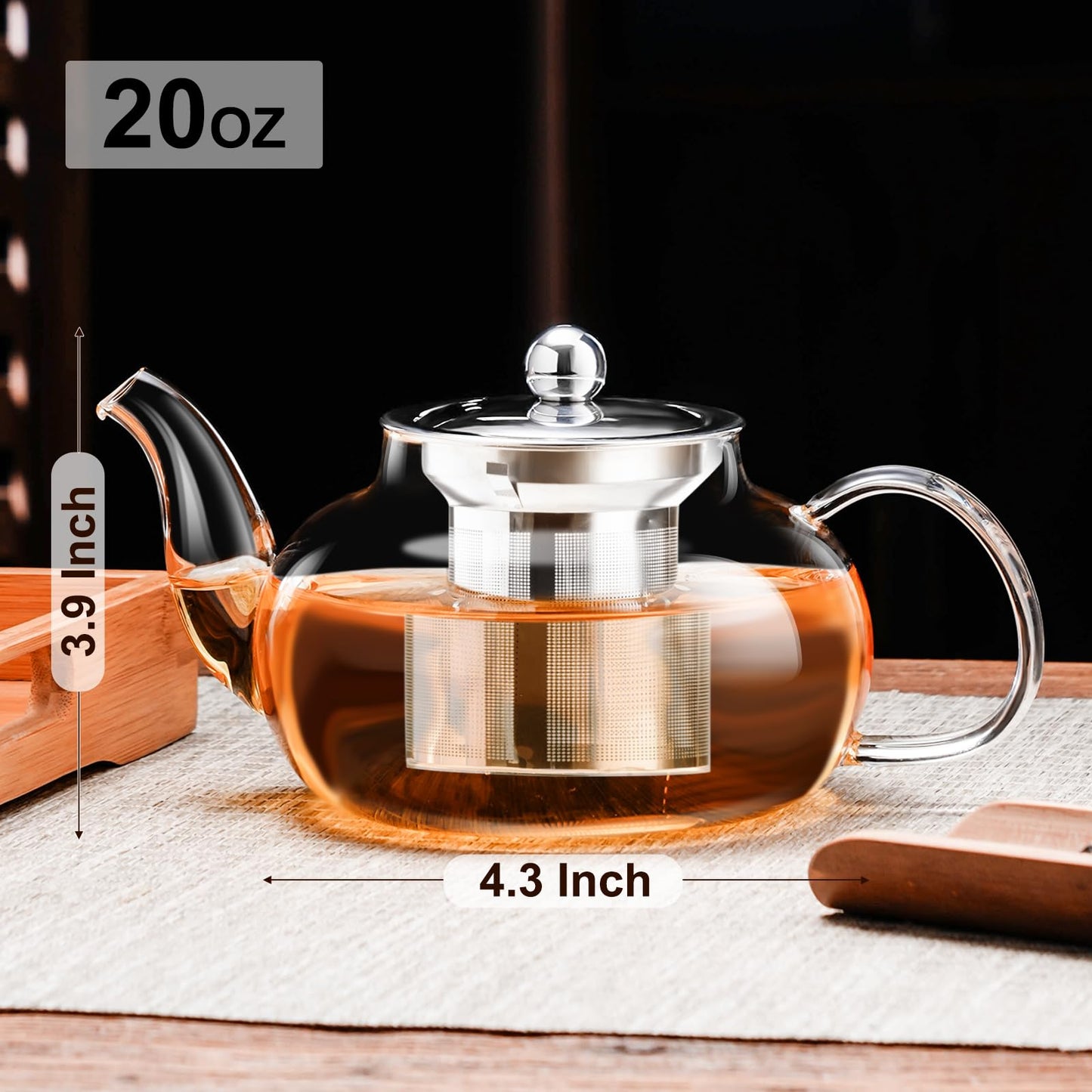 Baalaka Glass Teapot 20oz/600ml, Borosilicate Stovetop & Travel, Stainless Infuser for Blooming/Loose Tea