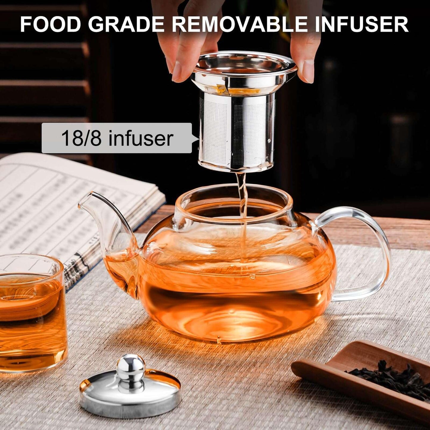 Baalaka Glass Teapot 20oz/600ml, Borosilicate Stovetop & Travel, Stainless Infuser for Blooming/Loose Tea
