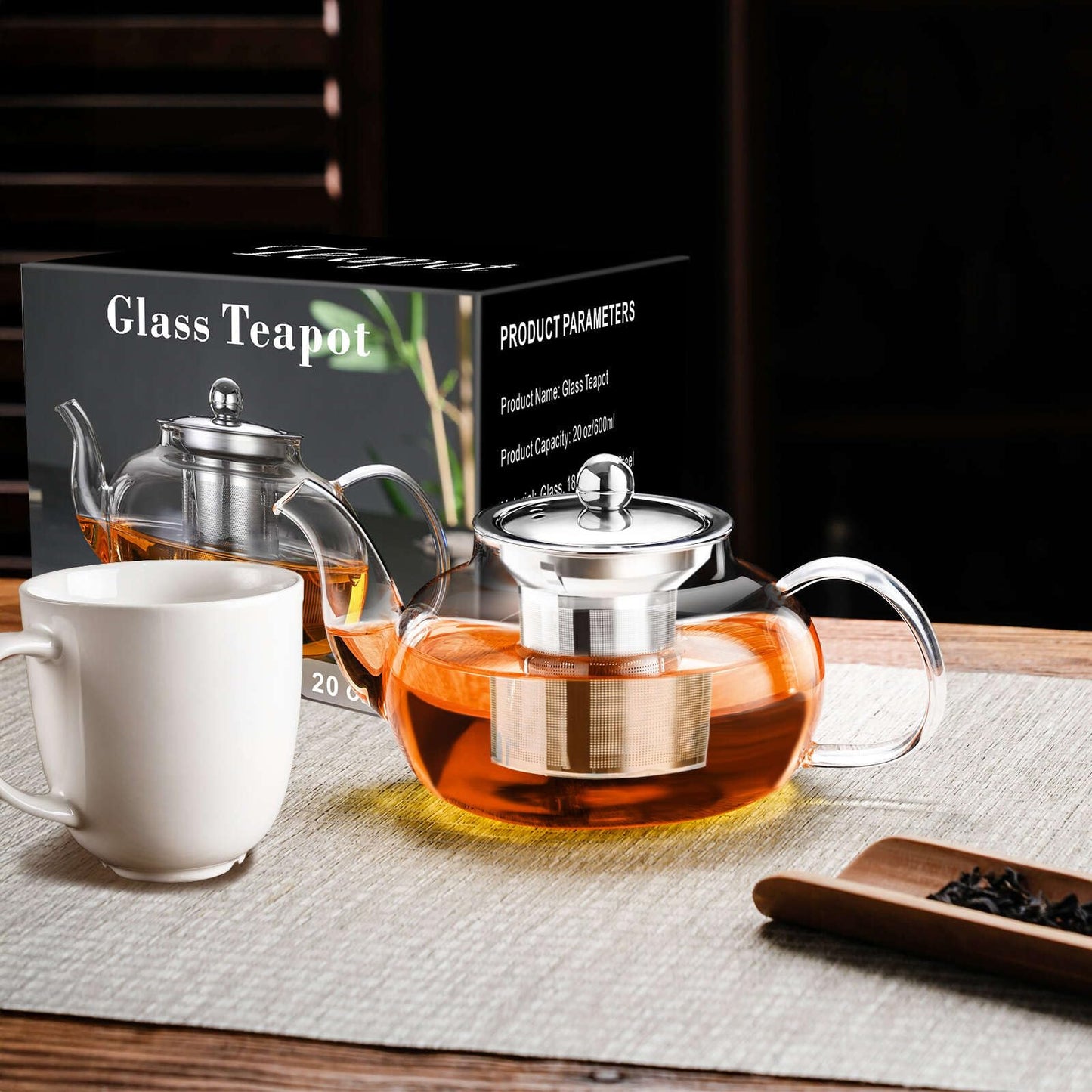 Baalaka Glass Teapot 20oz/600ml, Borosilicate Stovetop & Travel, Stainless Infuser for Blooming/Loose Tea