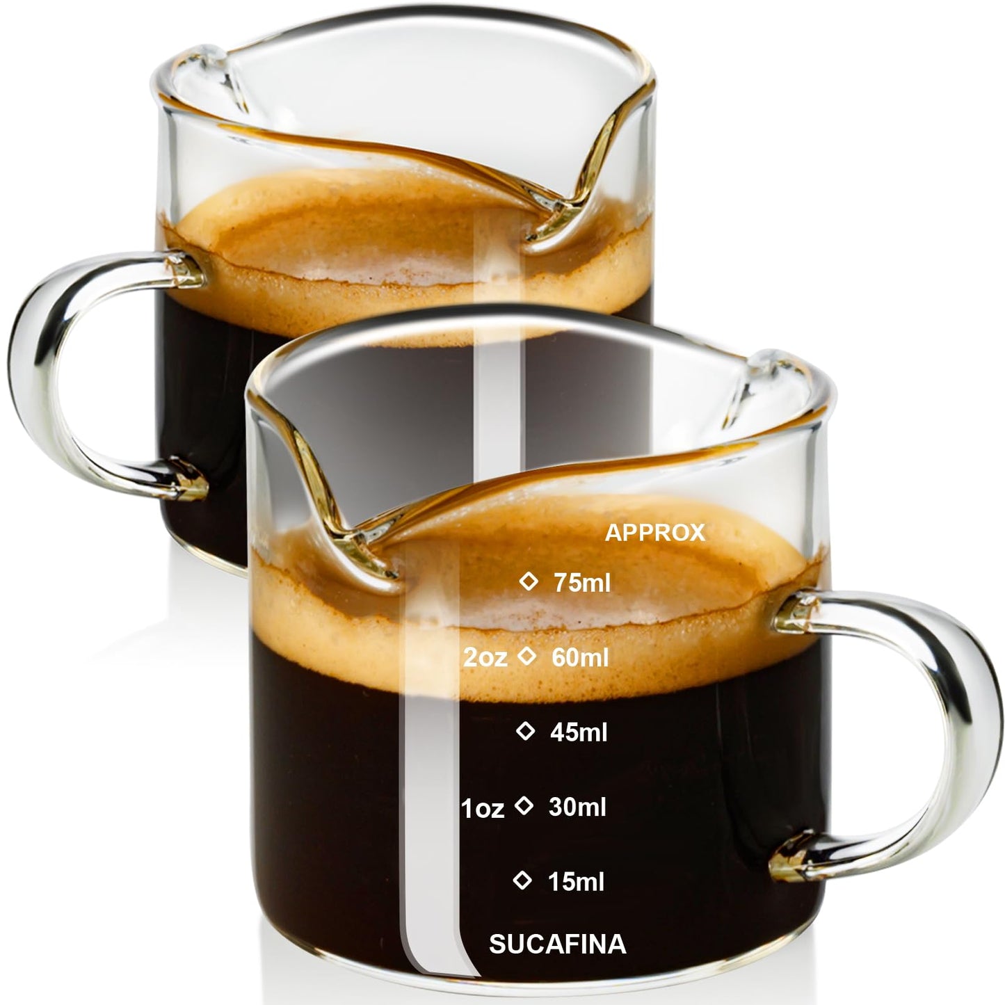 Baalaka 2-Pack Espresso Cups, Double Spout & Dual Scale Glass Measuring Cups with V-Shaped Mouth & Milk Frother