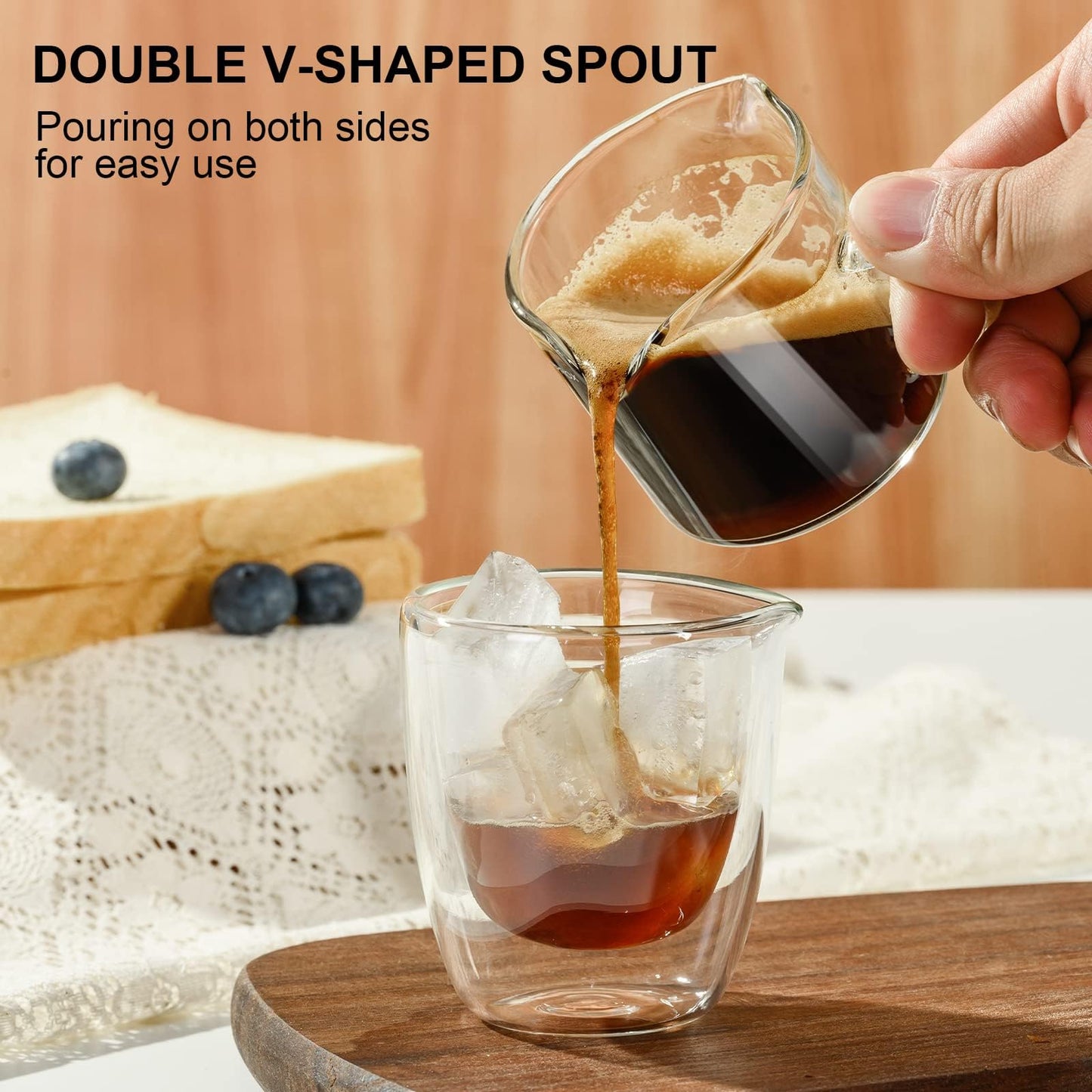 Baalaka 2-Pack Espresso Cups, Double Spout & Dual Scale Glass Measuring Cups with V-Shaped Mouth & Milk Frother