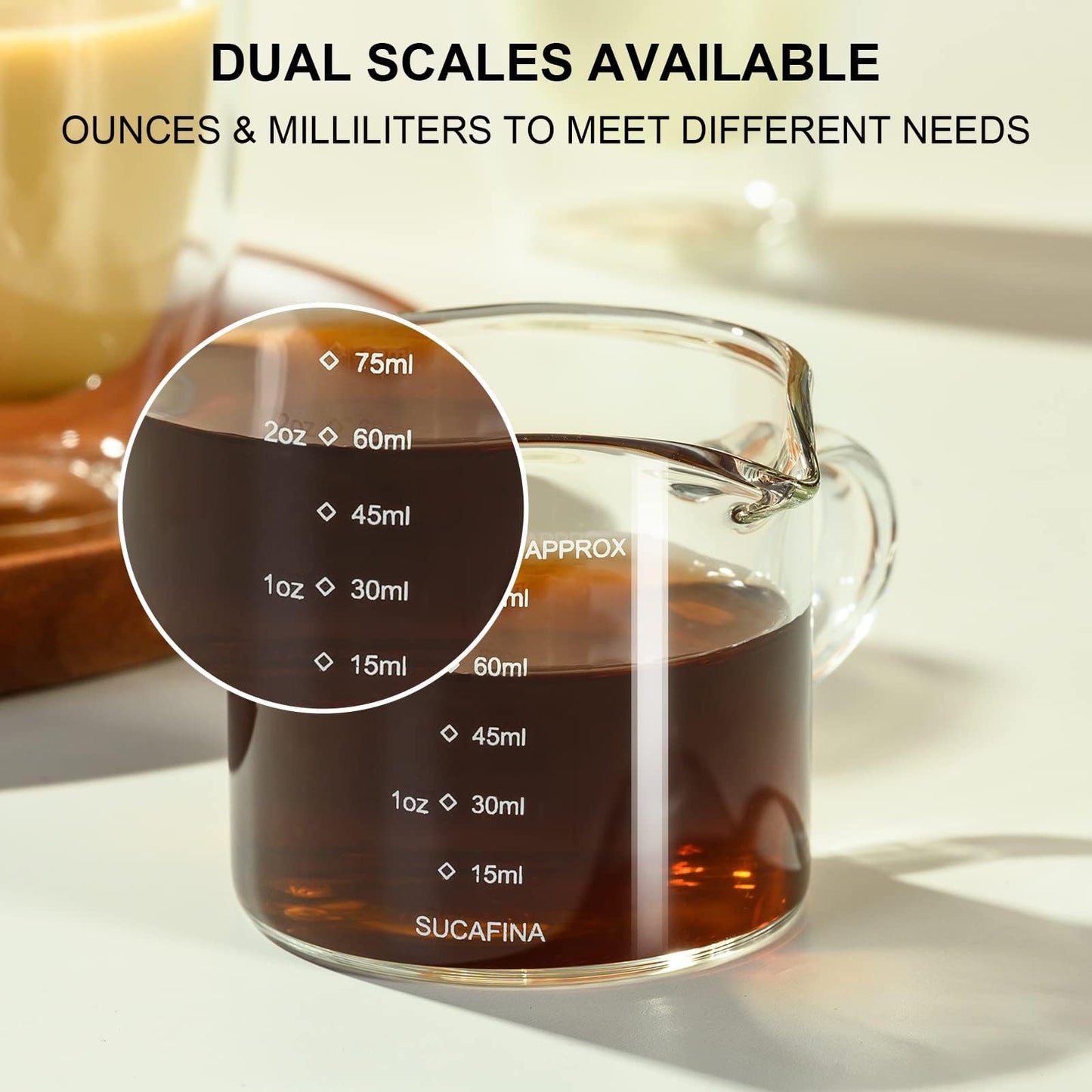 Baalaka 2-Pack Espresso Cups, Double Spout & Dual Scale Glass Measuring Cups with V-Shaped Mouth & Milk Frother