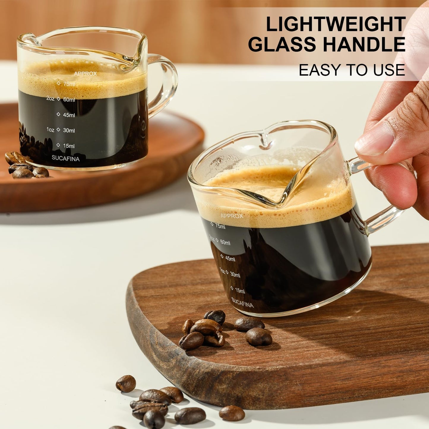 Baalaka 2-Pack Espresso Cups, Double Spout & Dual Scale Glass Measuring Cups with V-Shaped Mouth & Milk Frother