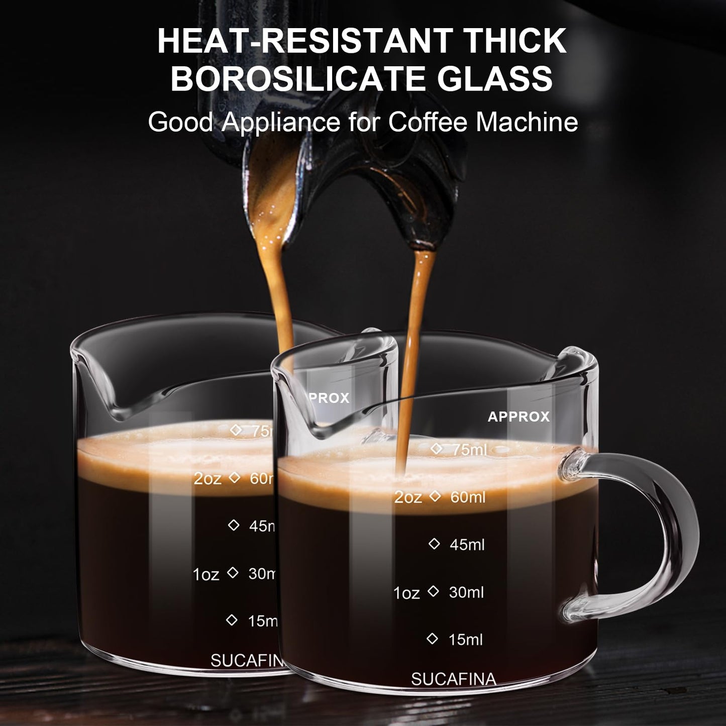 Baalaka 2-Pack Espresso Cups, Double Spout & Dual Scale Glass Measuring Cups with V-Shaped Mouth & Milk Frother