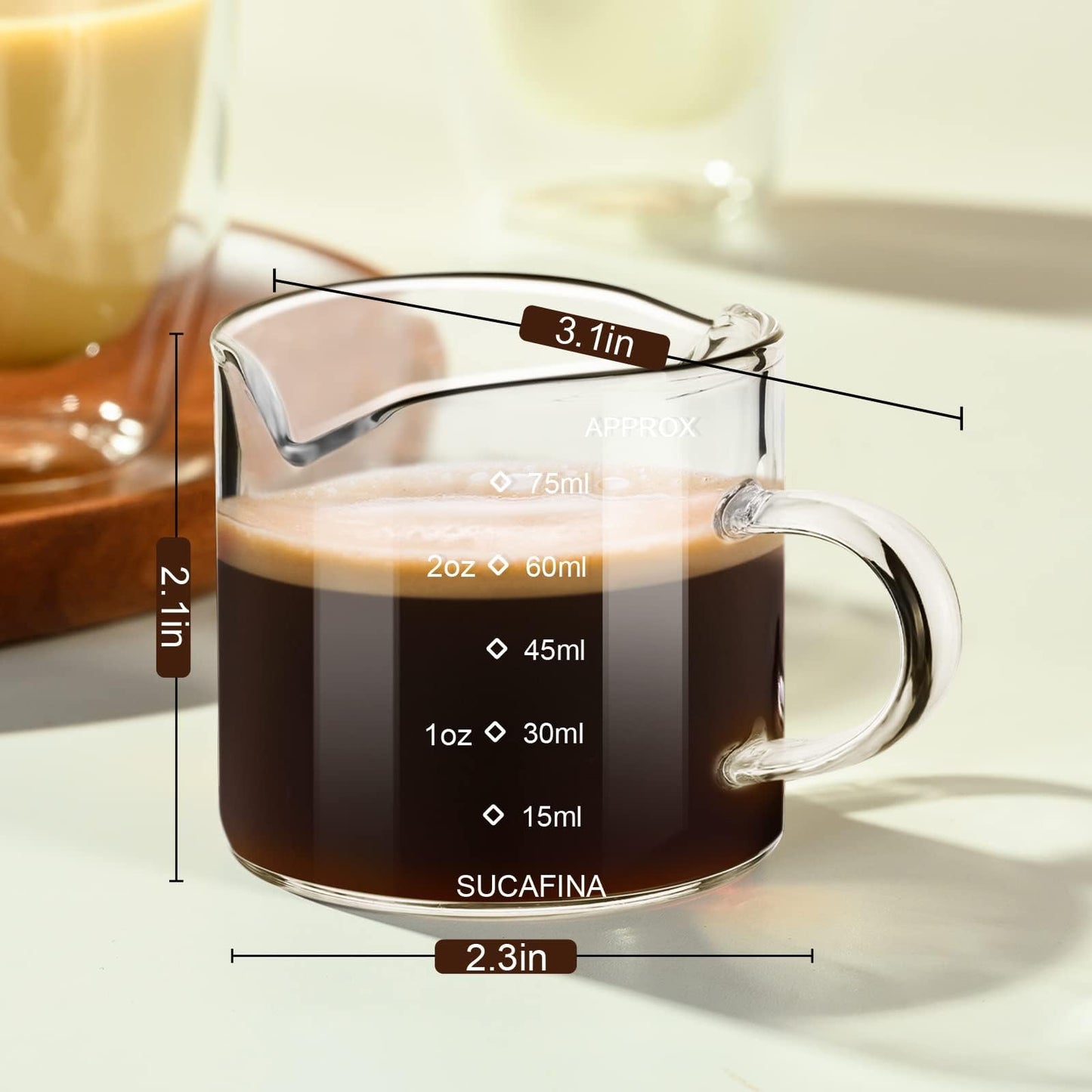 Baalaka 2-Pack Espresso Cups, Double Spout & Dual Scale Glass Measuring Cups with V-Shaped Mouth & Milk Frother