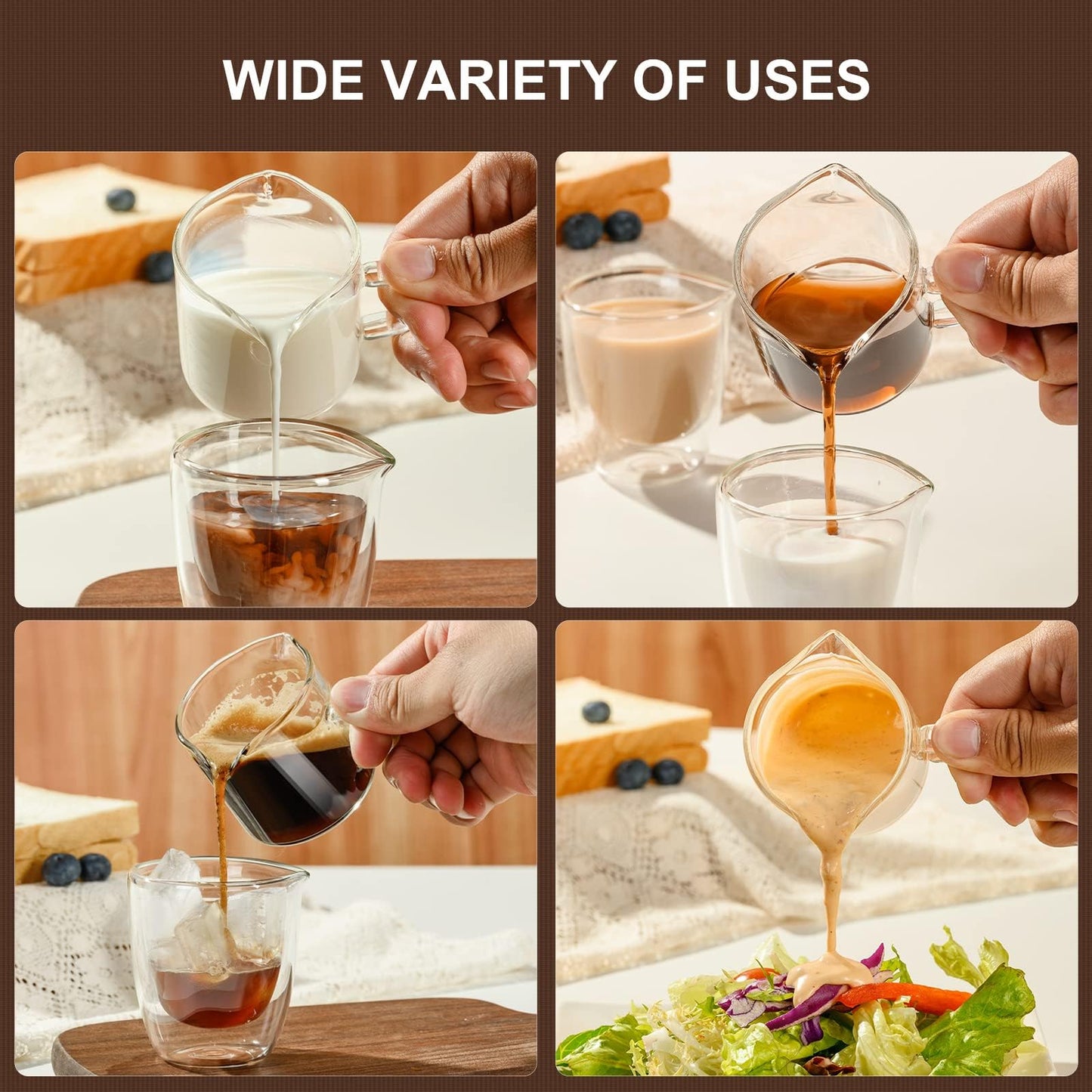 Baalaka 2-Pack Espresso Cups, Double Spout & Dual Scale Glass Measuring Cups with V-Shaped Mouth & Milk Frother