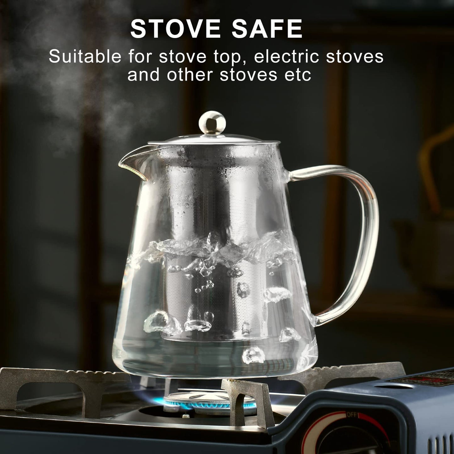 Baalaka Borosilicate Glass Teapot - 18.6OZ Stovetop with 18/8 Steel Inf, Blooming/Loose Tea Maker for Camping & Travel