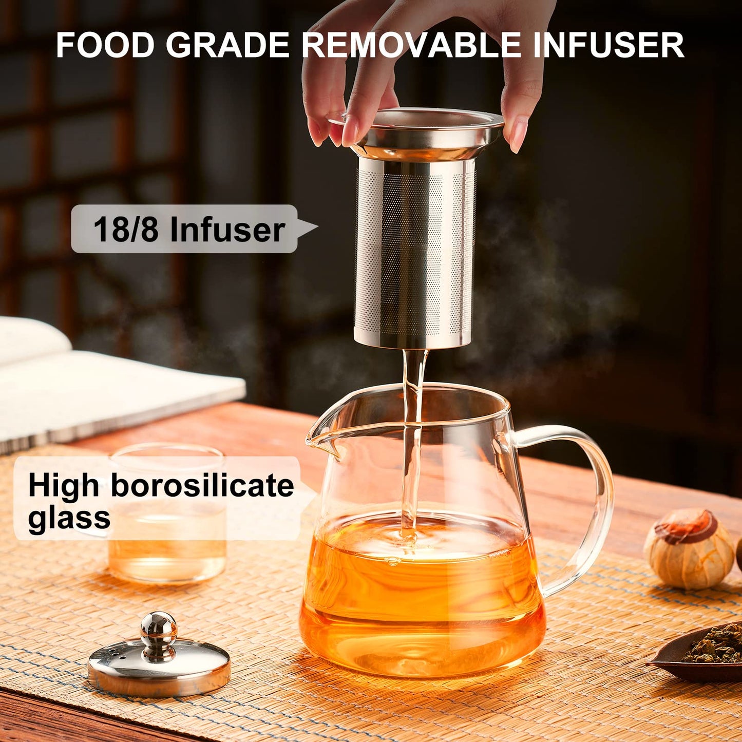 Baalaka Borosilicate Glass Teapot - 18.6OZ Stovetop with 18/8 Steel Inf, Blooming/Loose Tea Maker for Camping & Travel