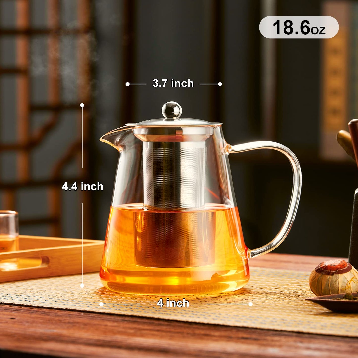 Baalaka Borosilicate Glass Teapot - 18.6OZ Stovetop with 18/8 Steel Inf, Blooming/Loose Tea Maker for Camping & Travel