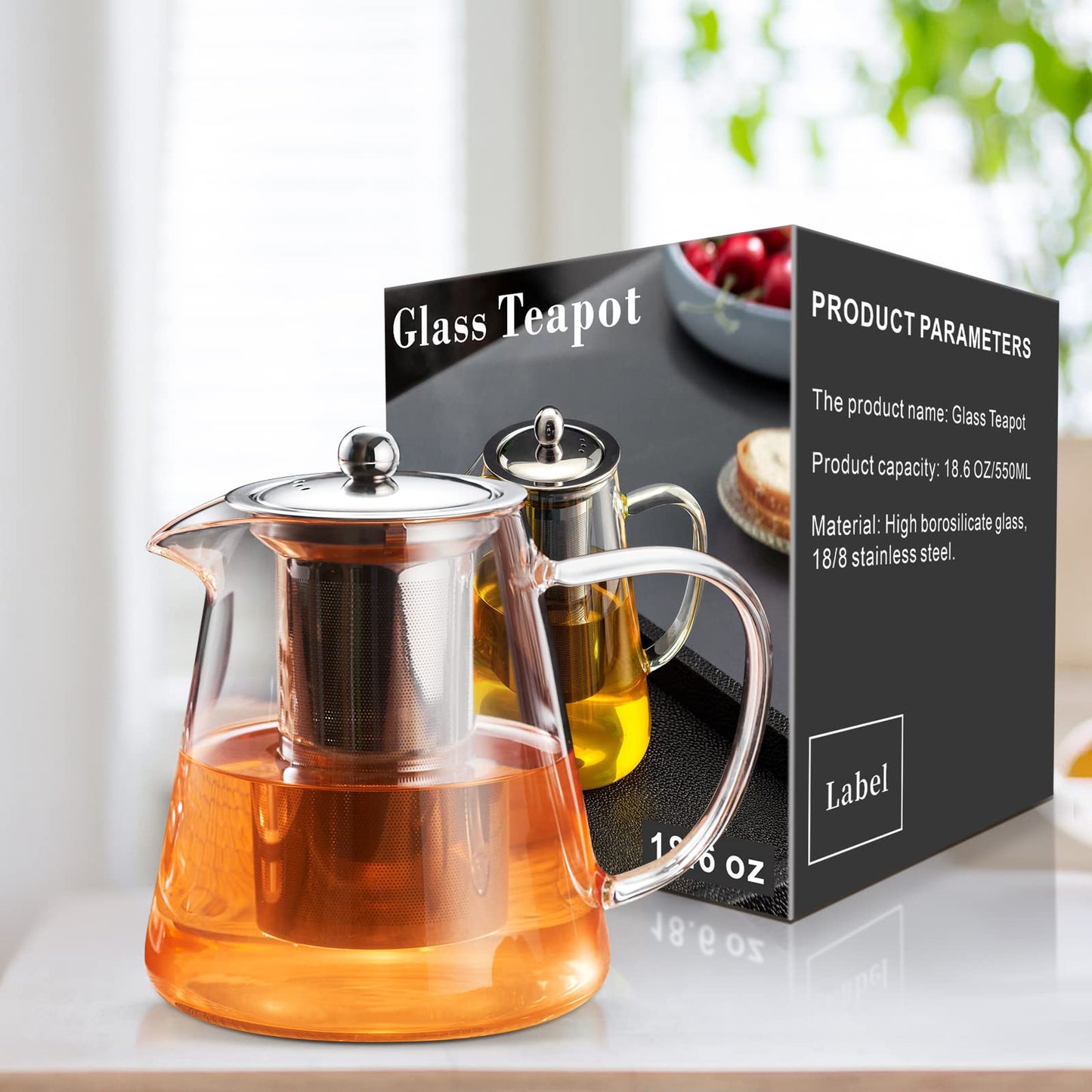 Baalaka Borosilicate Glass Teapot - 18.6OZ Stovetop with 18/8 Steel Inf, Blooming/Loose Tea Maker for Camping & Travel