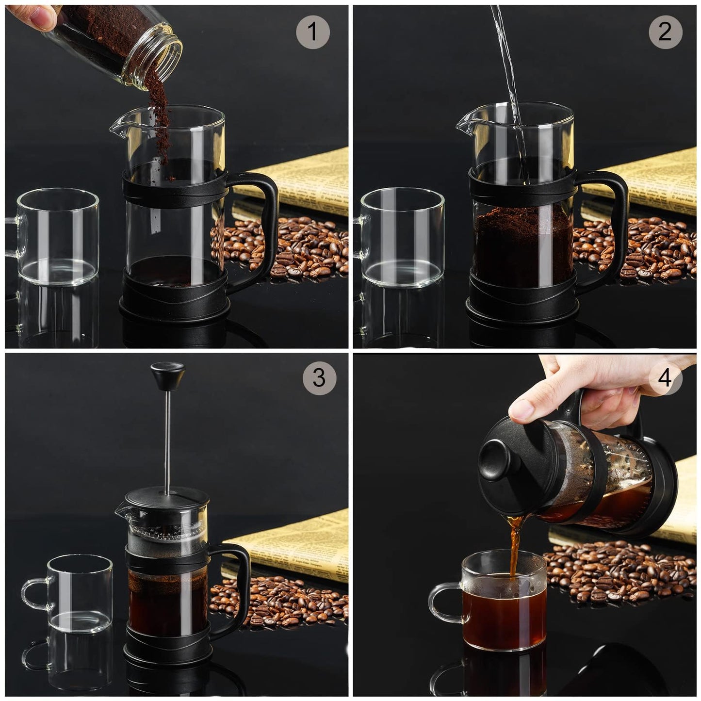 Baalaka French Press Coffee/Tea Maker 304 Stainless Steel Filter and Heat Resistant Glass 11.8oz, Black