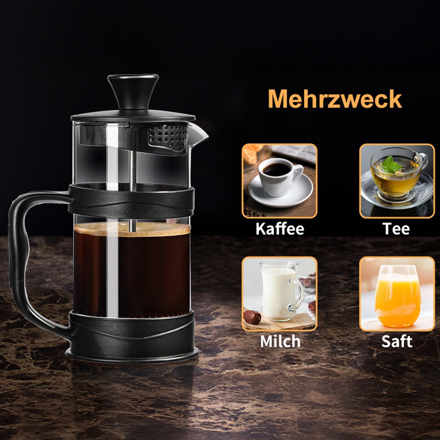 Baalaka French Press Coffee/Tea Maker 304 Stainless Steel Filter and Heat Resistant Glass 11.8oz, Black