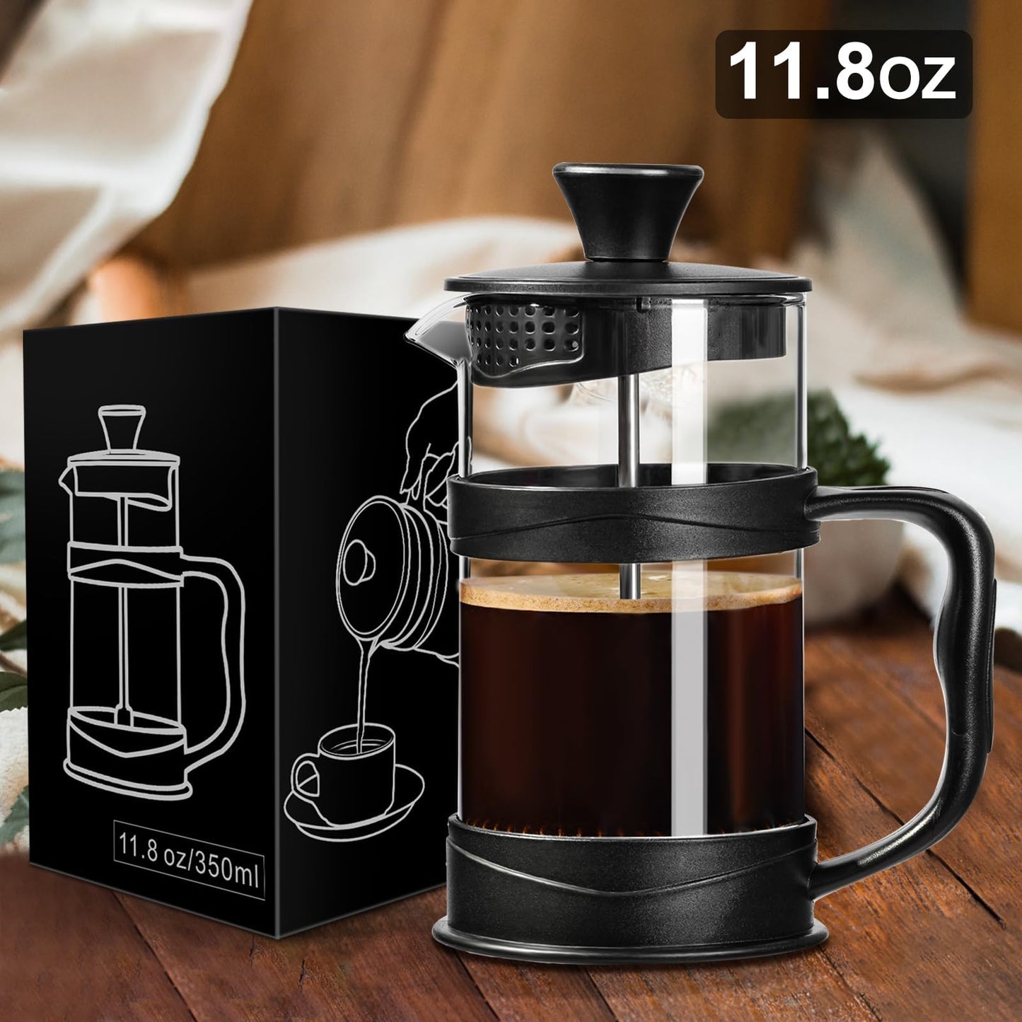 Baalaka French Press Coffee/Tea Maker 304 Stainless Steel Filter and Heat Resistant Glass 11.8oz, Black