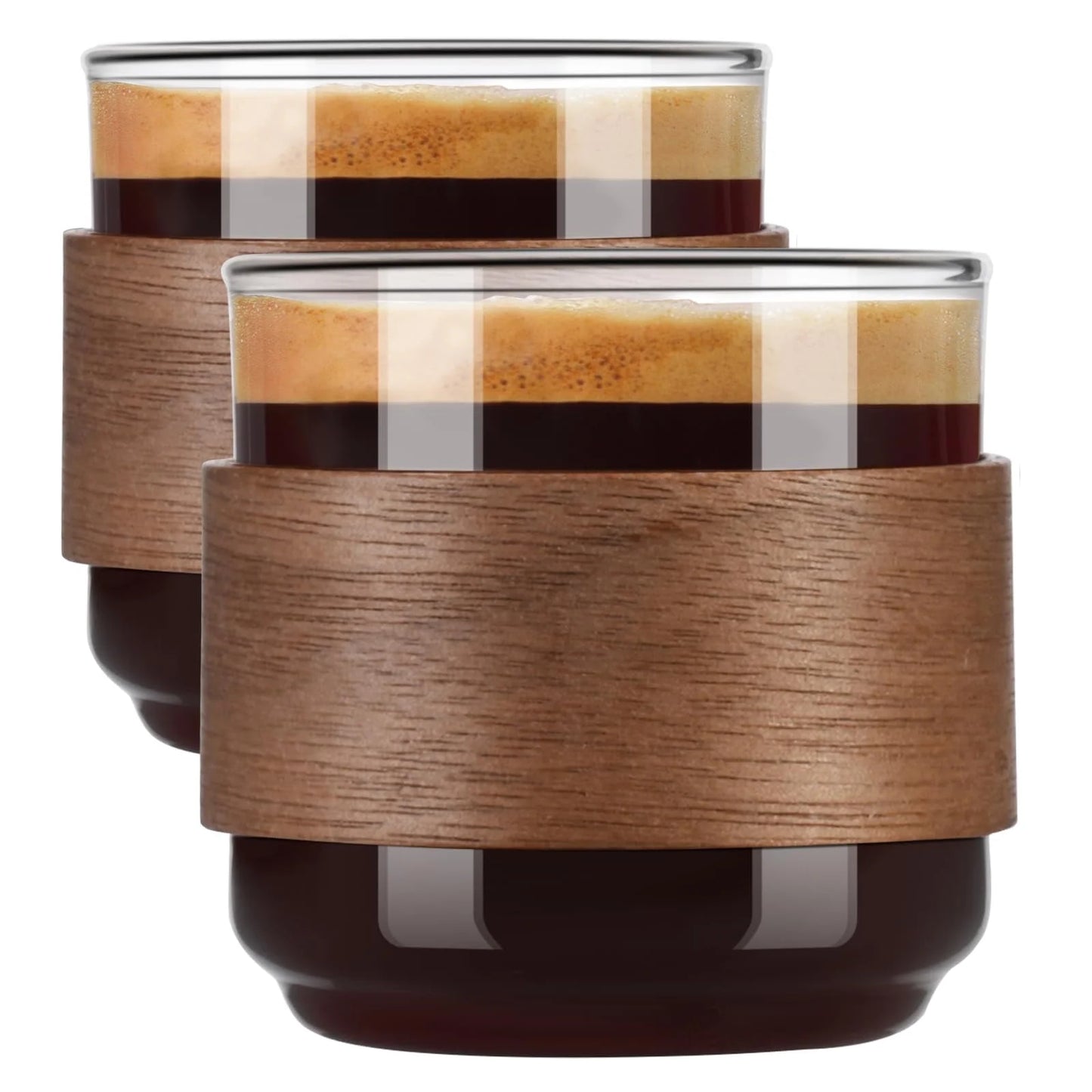 Baalaka Espresso Cups Set of 2 with Wooden Ring, 5 oz High Borosilicate Shot Glasses, Clear Cups for Espresso