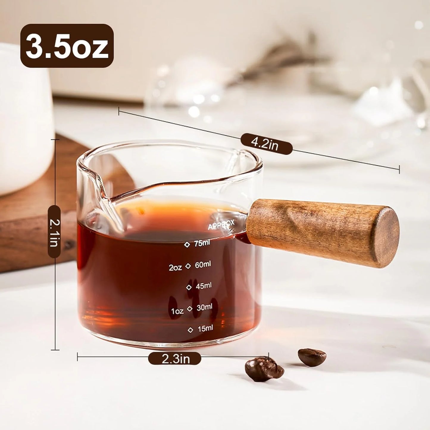 Baalaka Espresso Cup with Wood Handle - Double Spout & V-Mouth Glass, Dual Scale 3.5oz Milk Frother for Latte/Cappuccino