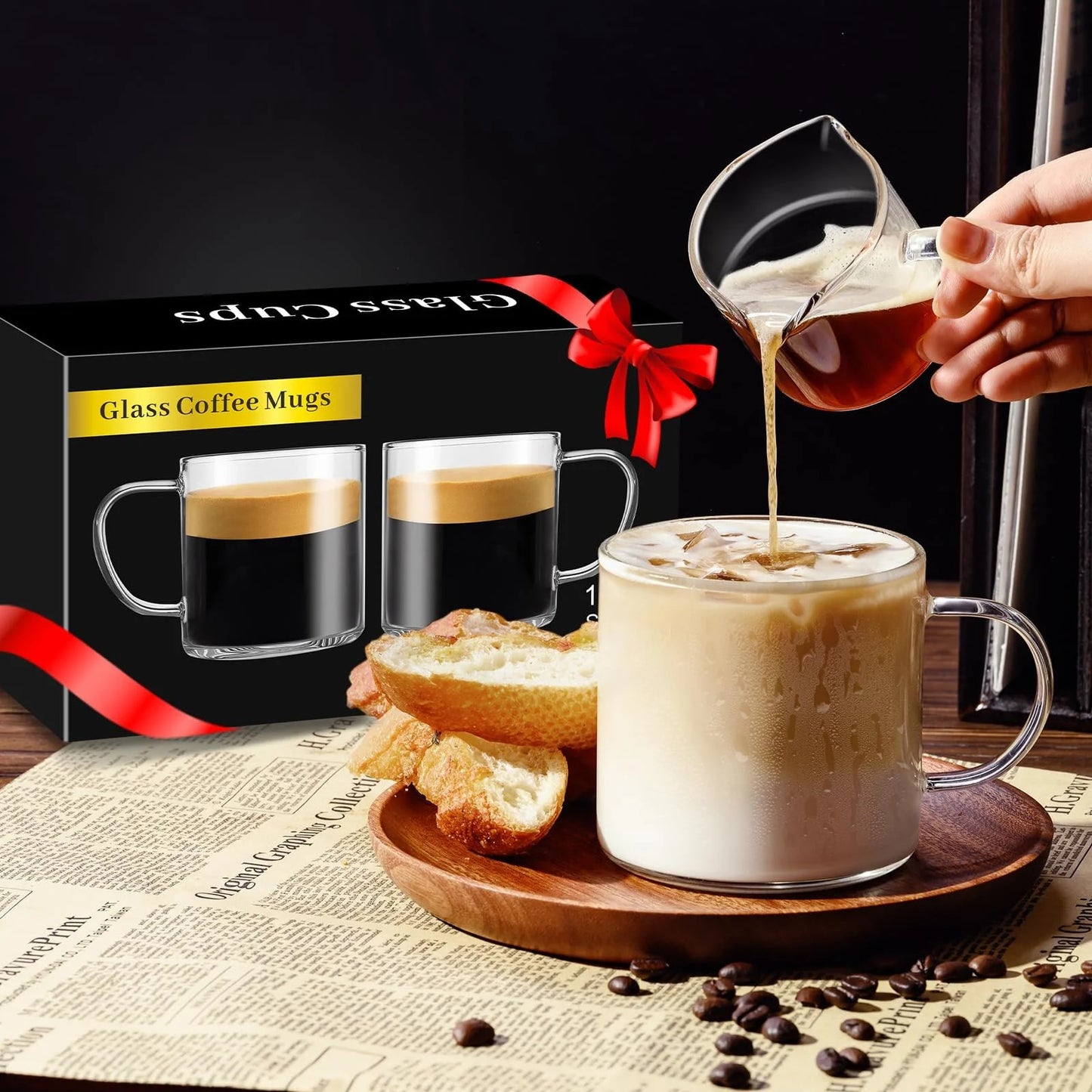 Baalaka Clear Coffee mug 14oz, Glass Coffee Mugs Set of 2, Large Glass Coffee Cups with Handle for Hot/Cold Drink, Latte, Cappuccino, Tea, Juice and Beer