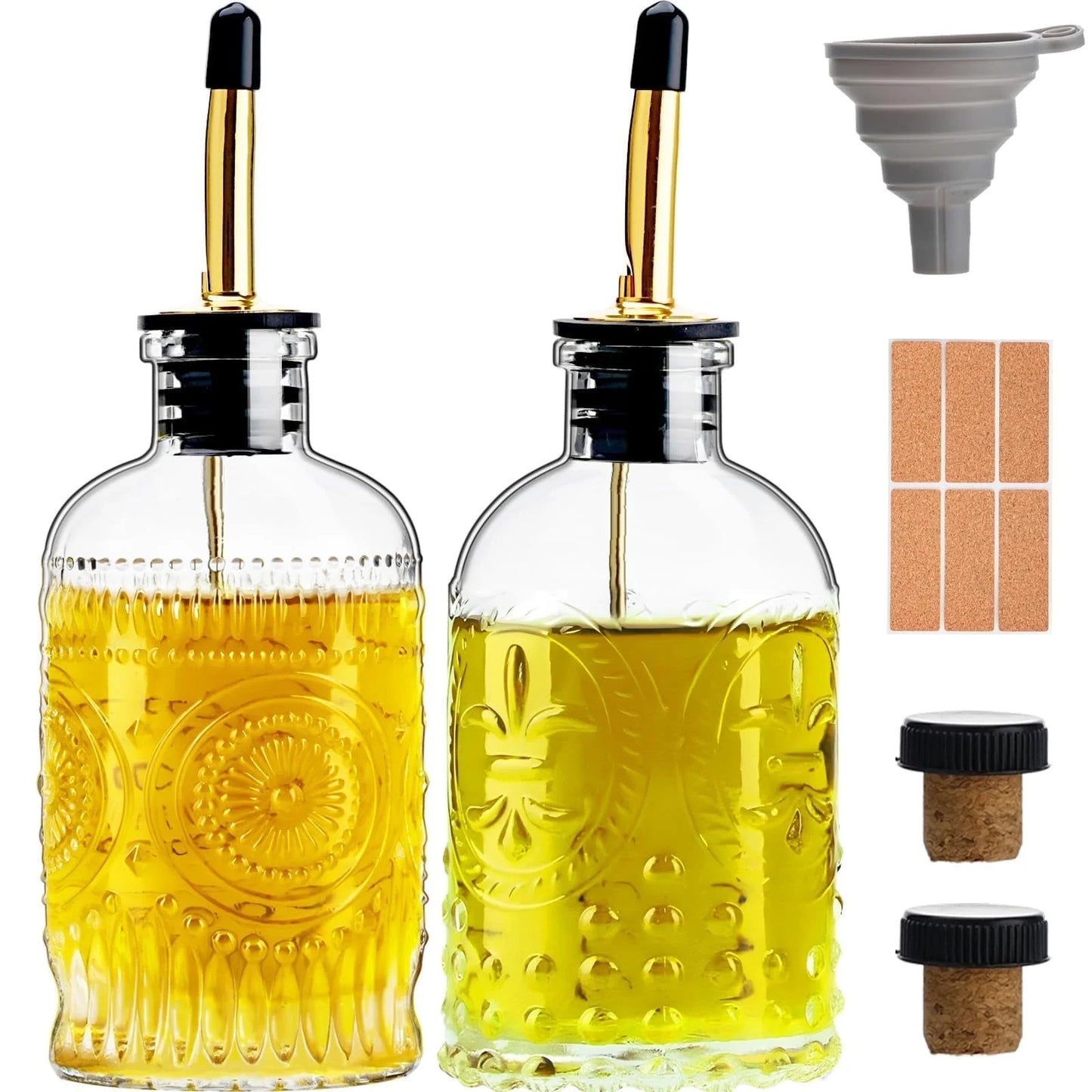Baalaka Olive Oil Dispenser Bottle with Metal Spout, Glass Oil Container for Kitchen - 7oz, 2pcs