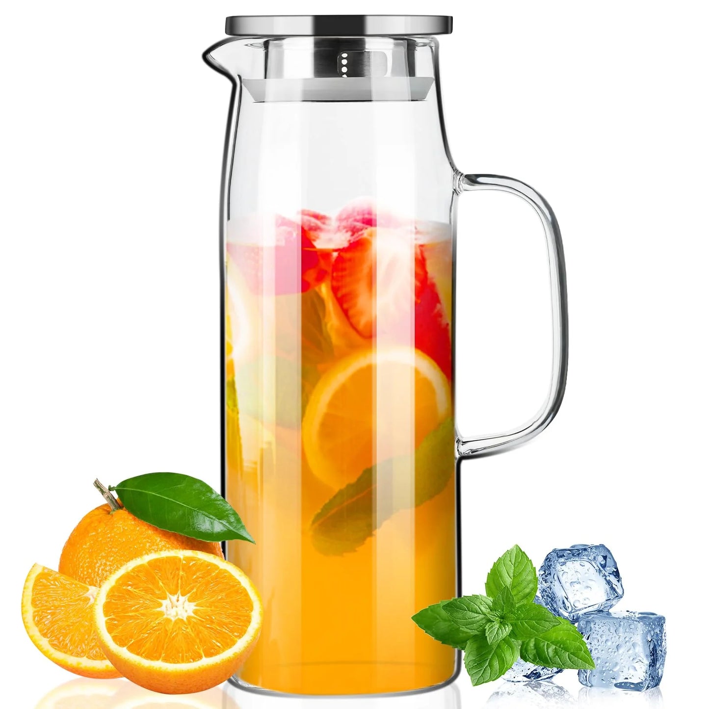 Baalaka 50oz/1.5L High Borosilicate Glass Pitcher - Hot/Cold Dispenser for Iced Tea, Lemonade, Juice & Milk - Easy Clean & Fridge Shelf Use