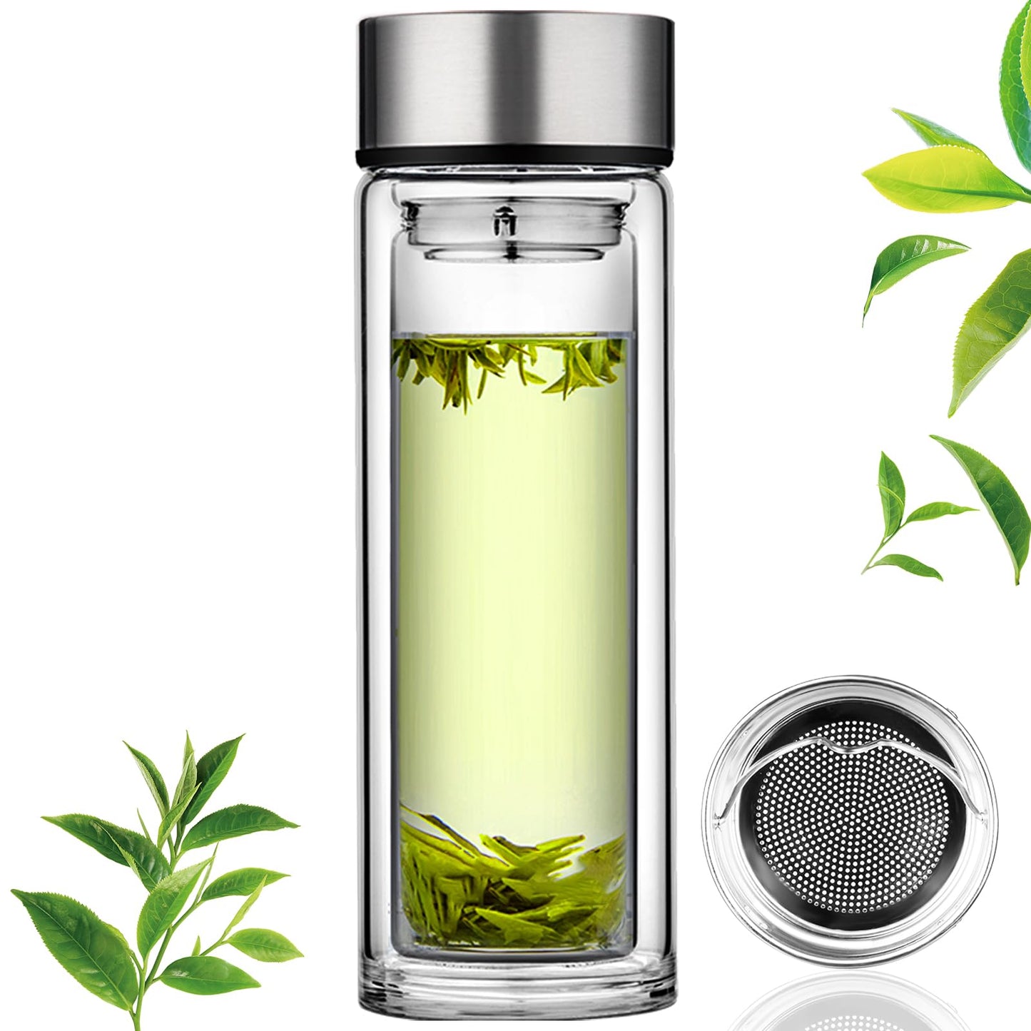 Baalaka 12oz/350ml Glass Tea Infuser Bottle, Double-Wall Borosilicate Leakproof Travel Tumbler for Loose Leaf/Herbal Tea