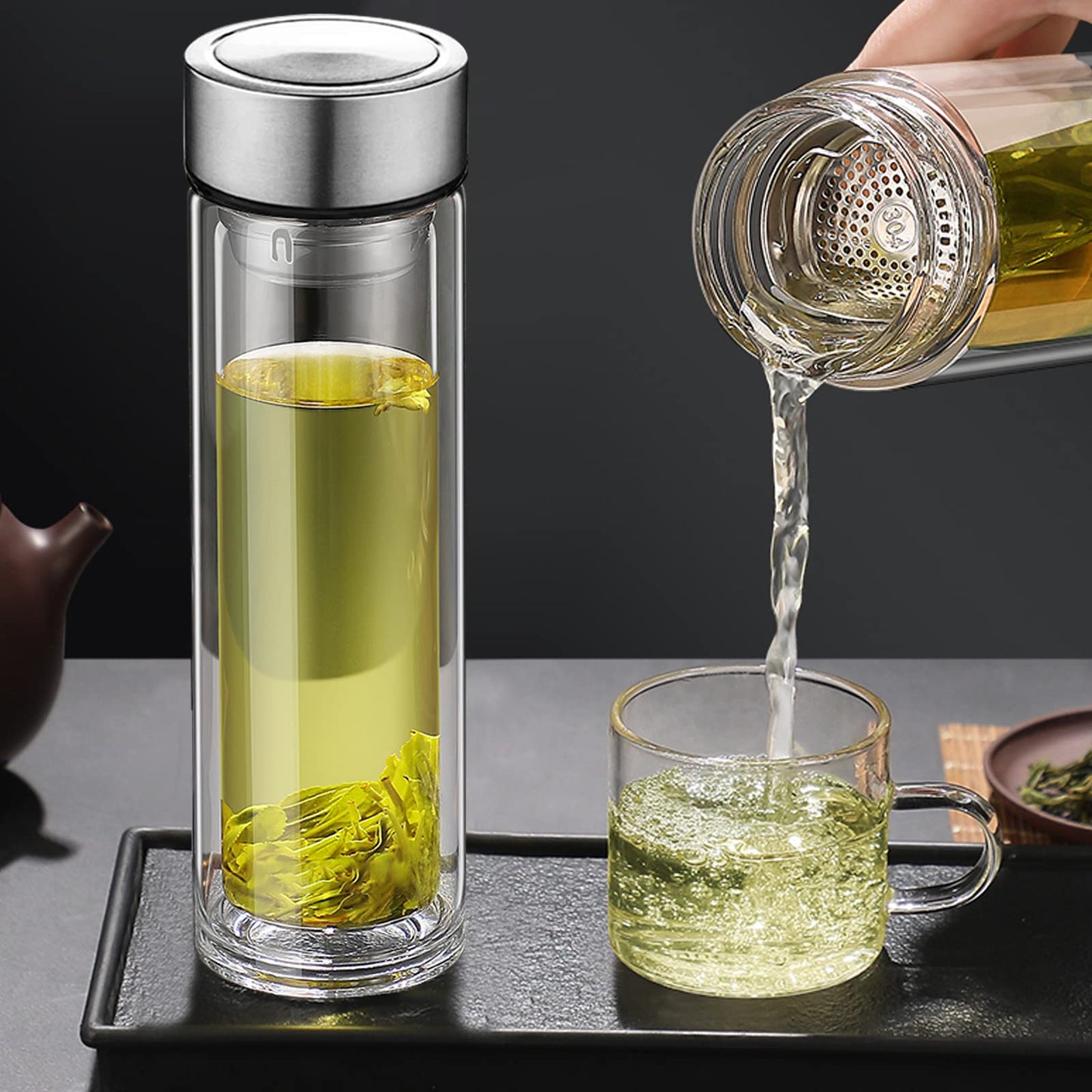Baalaka 12oz/350ml Glass Tea Infuser Bottle, Double-Wall Borosilicate Leakproof Travel Tumbler for Loose Leaf/Herbal Tea