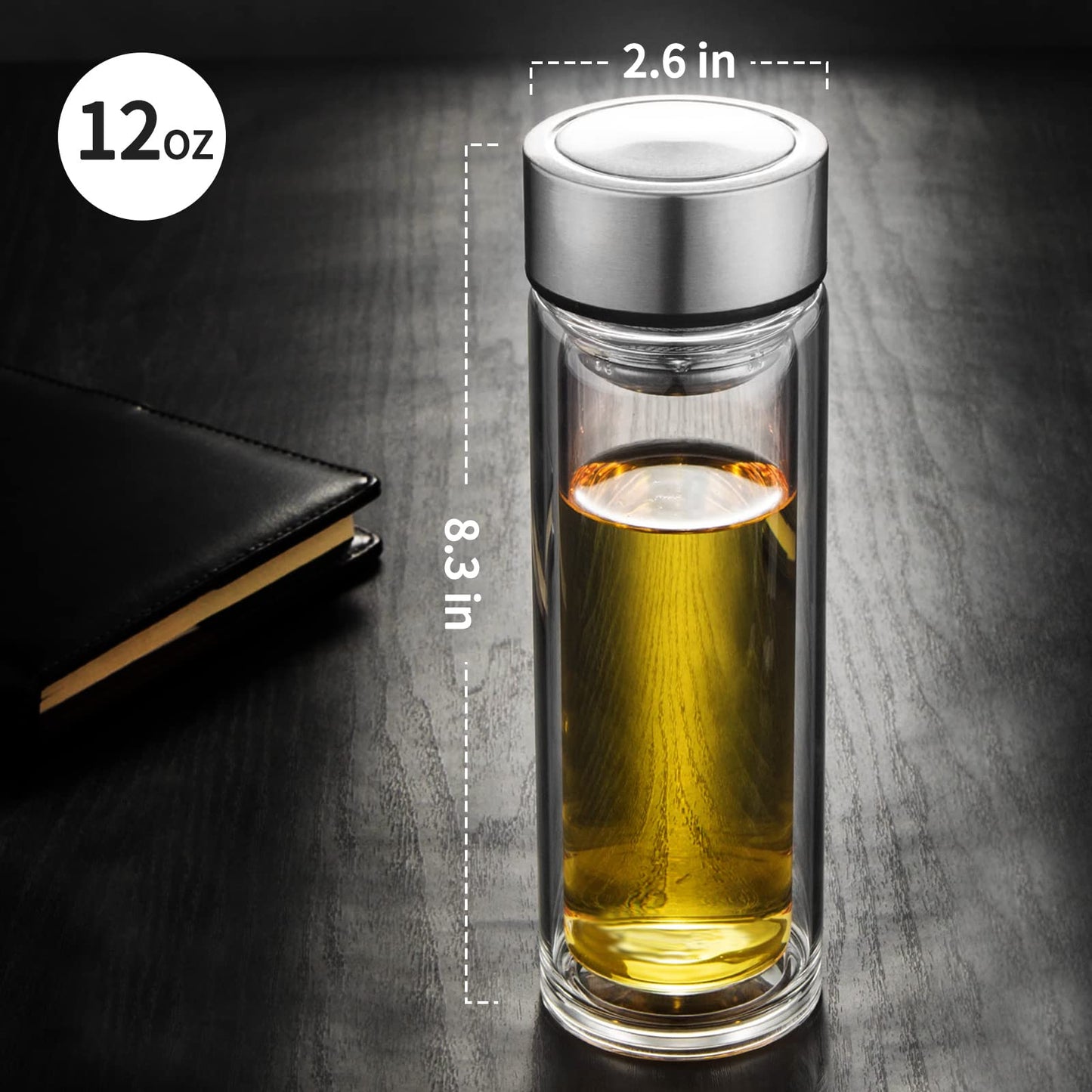 Baalaka 12oz/350ml Glass Tea Infuser Bottle, Double-Wall Borosilicate Leakproof Travel Tumbler for Loose Leaf/Herbal Tea