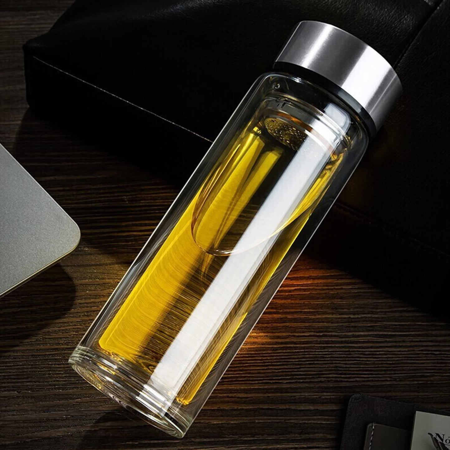 Baalaka 12oz/350ml Glass Tea Infuser Bottle, Double-Wall Borosilicate Leakproof Travel Tumbler for Loose Leaf/Herbal Tea