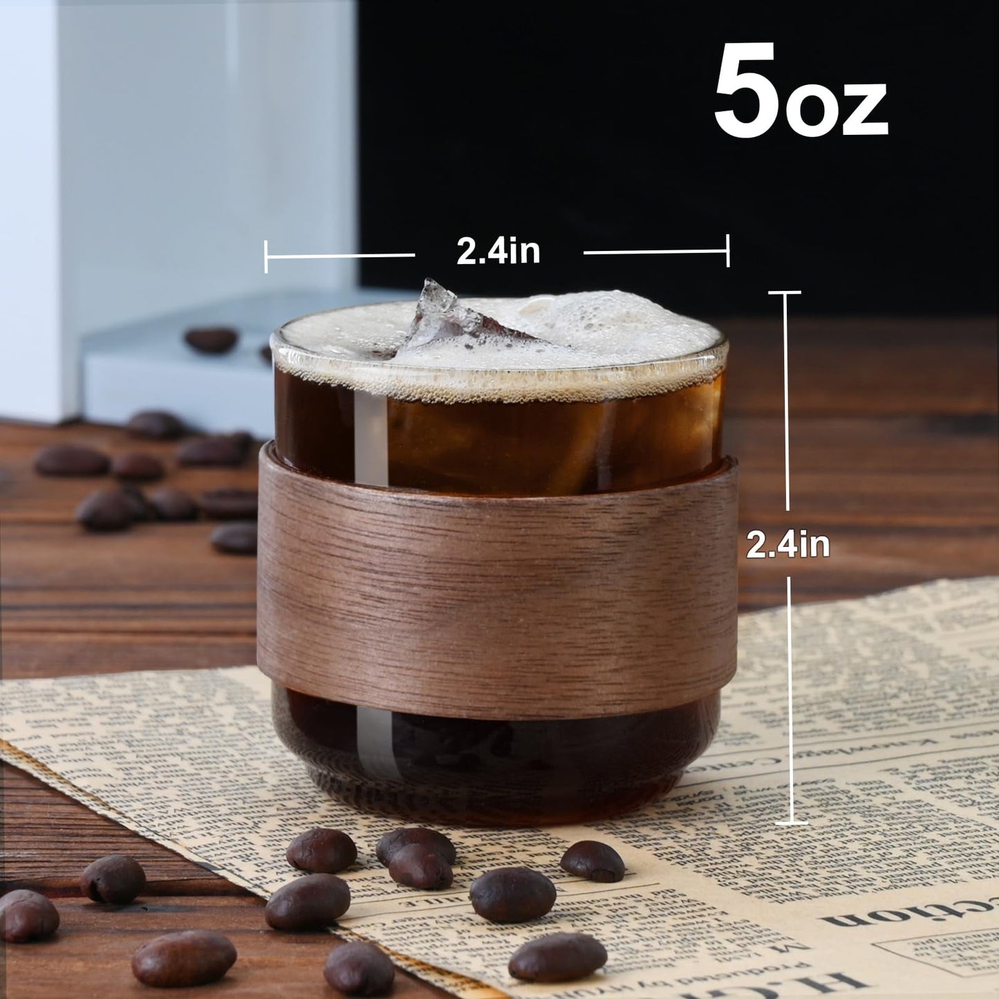 Baalaka Espresso Cups Set of 2 with Wooden Ring, 5 oz High Borosilicate Shot Glasses, Clear Cups for Espresso