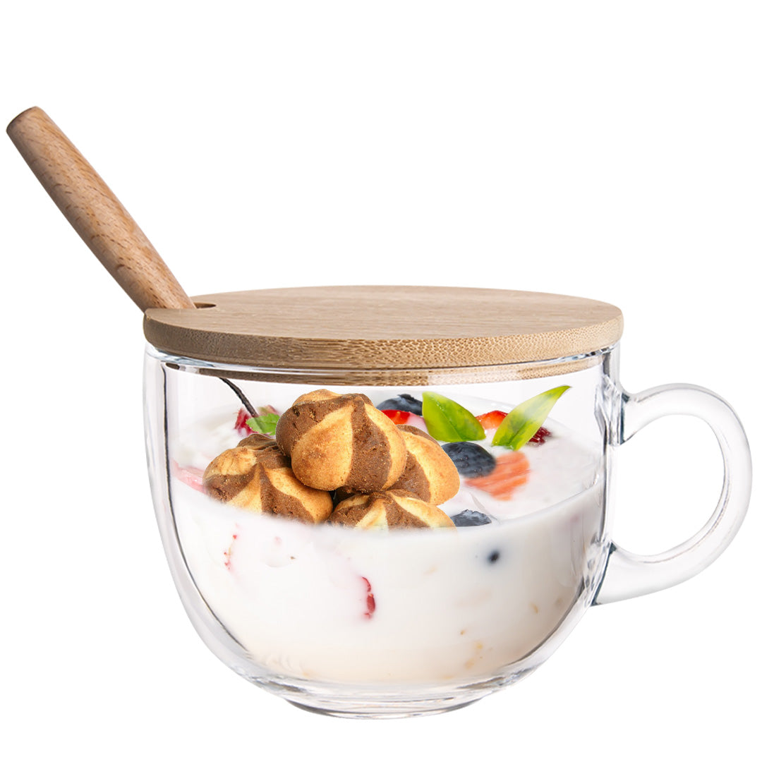 PARACITY Glass Cup 15OZ Clear Coffee Mug with Lids Spoon for Breakfast Tea,Milk,Beverage,Oats,yoghurt