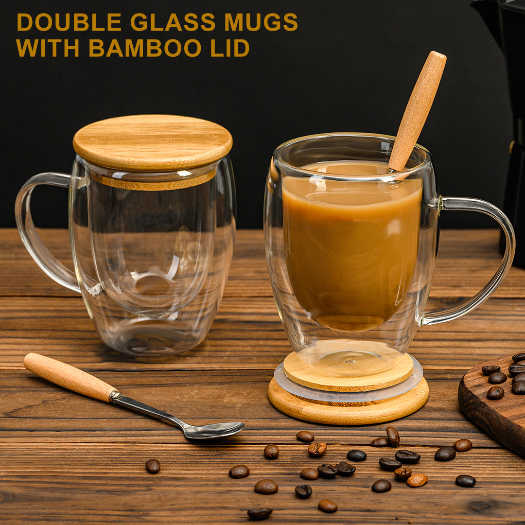 Glass Coffee Cup Set of 2 with Bamboo Lid/Spoon, Double Insulated Clear Tea Cup 12oz with Hands