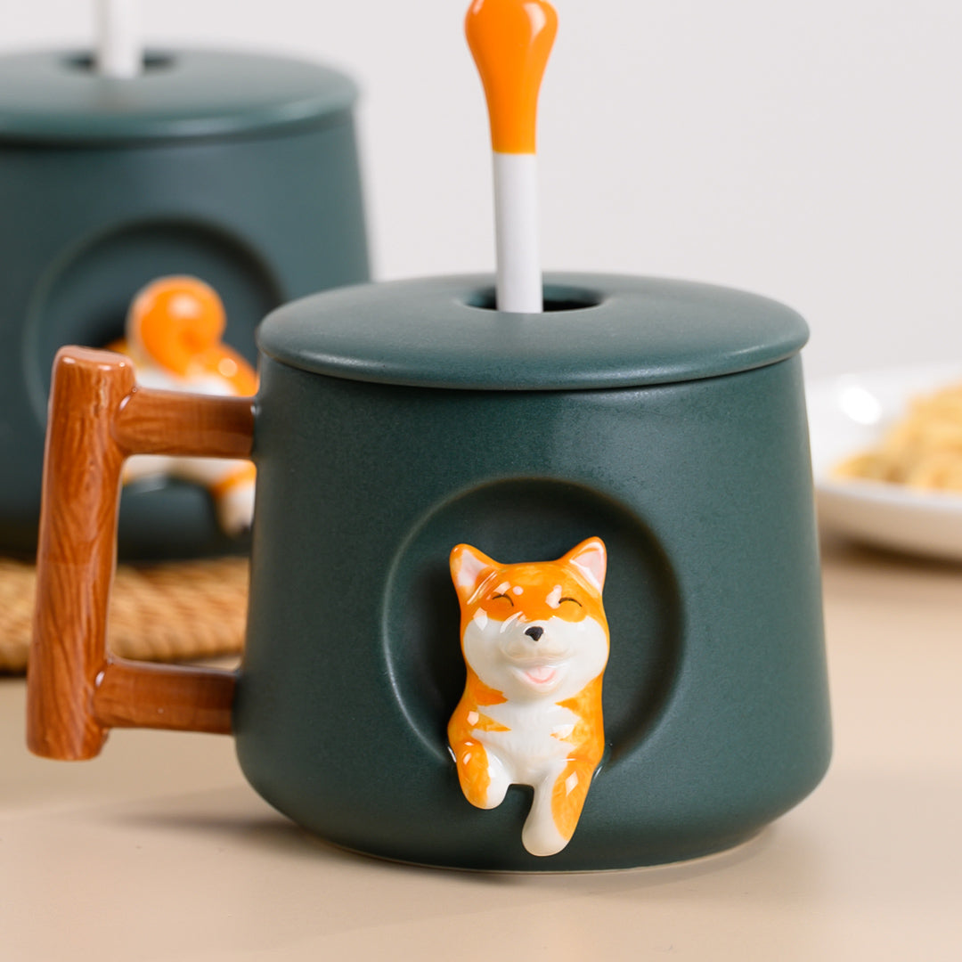 Cute Dog Ceramic Mug Wood Handle Design With Spoon And Lid