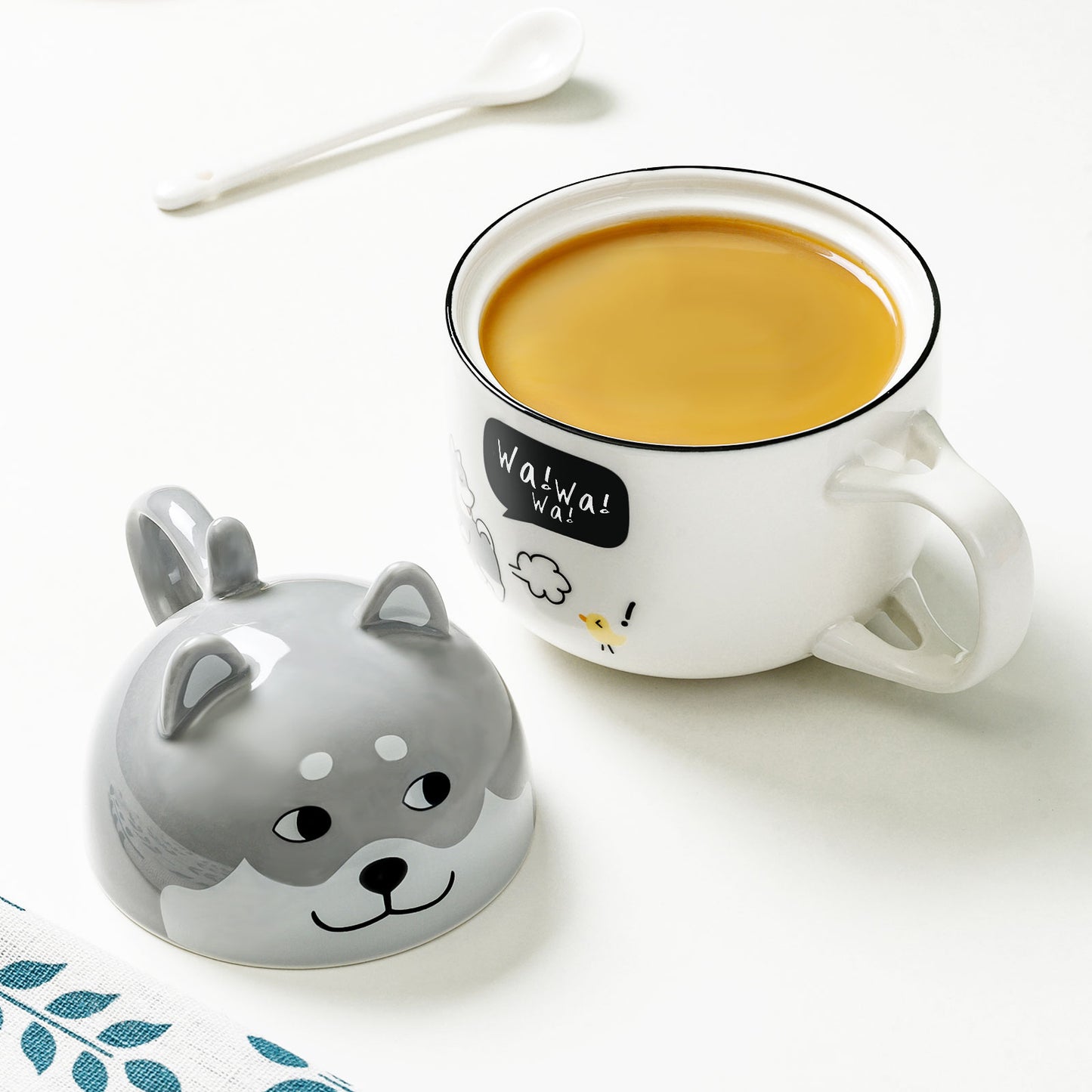 🐶Cute Dog Shaped Mug with Spoon Lid, Lid Doubles as a Second Mug, Birthday Gift🐕, Engagement Gift, Mug 12 oz Lid 5 oz