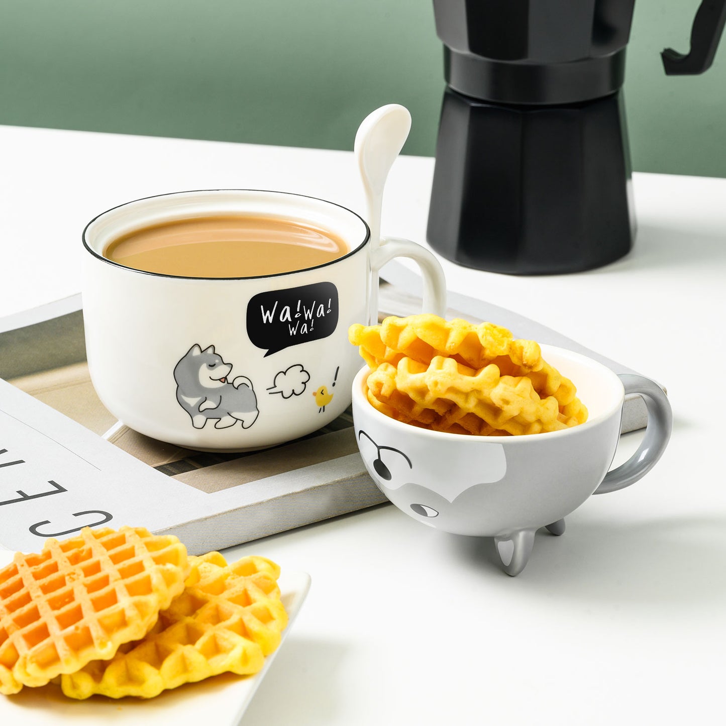 🐶Cute Dog Shaped Mug with Spoon Lid, Lid Doubles as a Second Mug, Birthday Gift🐕, Engagement Gift, Mug 12 oz Lid 5 oz