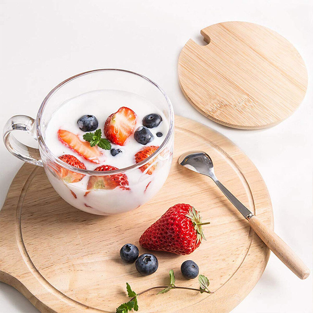PARACITY Glass Cup 15OZ Clear Coffee Mug with Lids Spoon for Breakfast Tea,Milk,Beverage,Oats,yoghurt