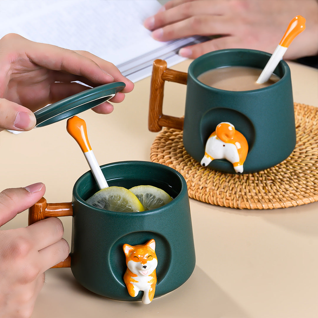 Cute Dog Ceramic Mug Wood Handle Design With Spoon And Lid