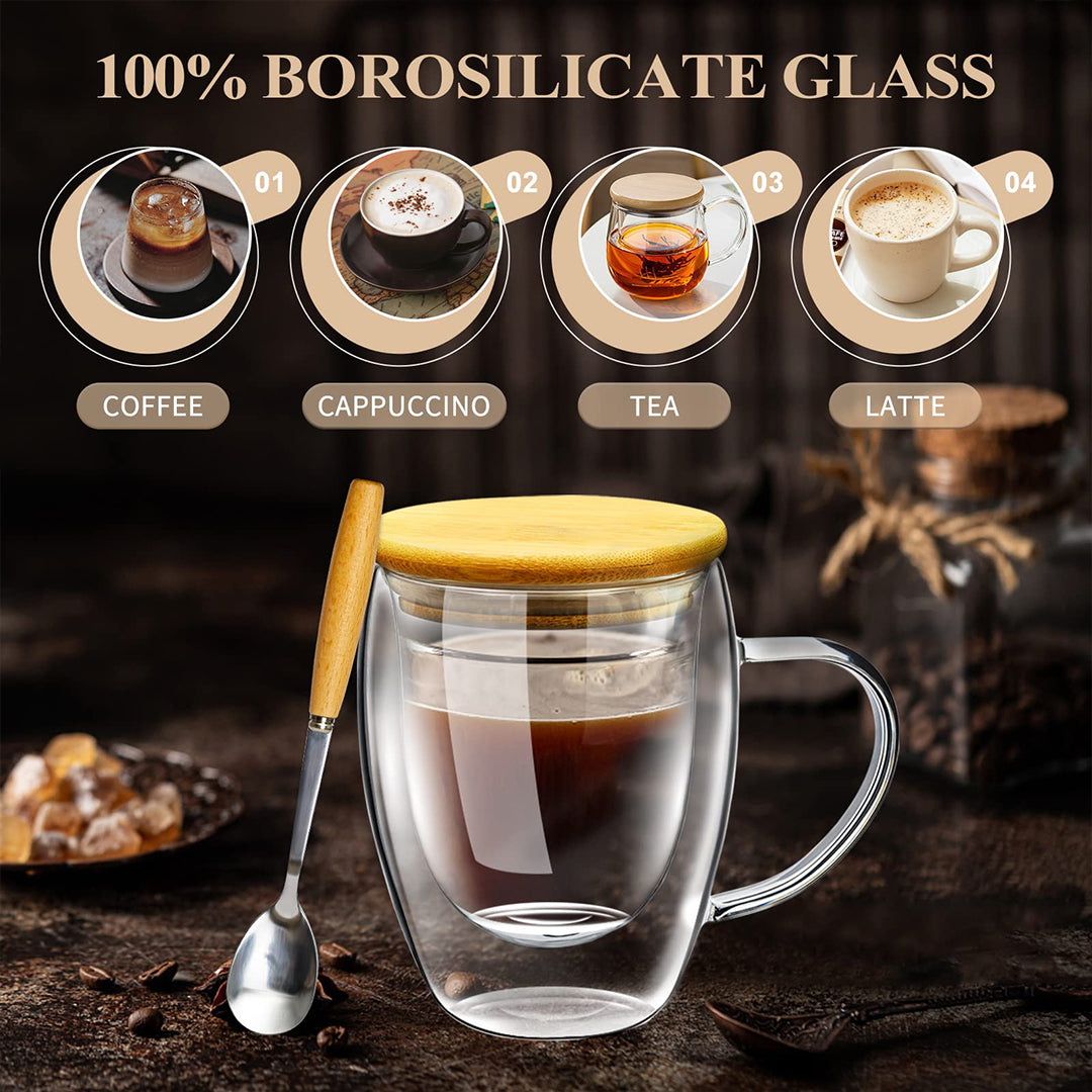 Glass Coffee Cup Set of 2 with Bamboo Lid/Spoon, Double Insulated Clear Tea Cup 12oz with Hands