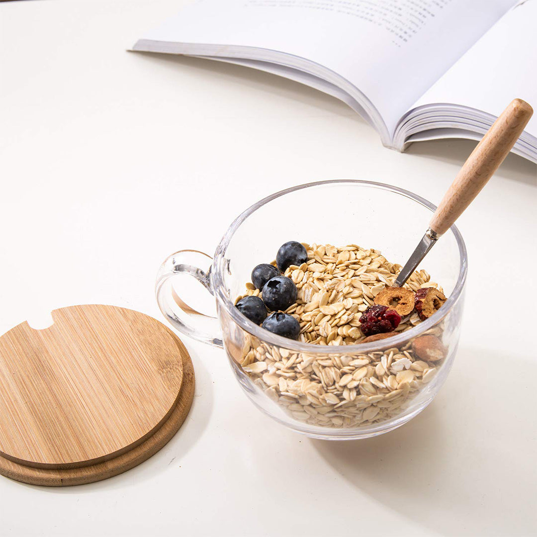 PARACITY Glass Cup 15OZ Clear Coffee Mug with Lids Spoon for Breakfast Tea,Milk,Beverage,Oats,yoghurt