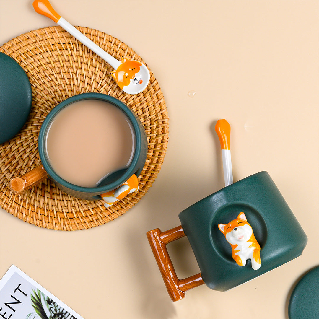 Cute Dog Ceramic Mug Wood Handle Design With Spoon And Lid