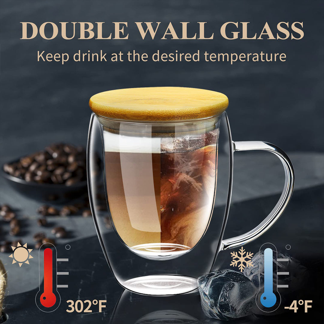 Glass Coffee Cup Set of 2 with Bamboo Lid/Spoon, Double Insulated Clear Tea Cup 12oz with Hands