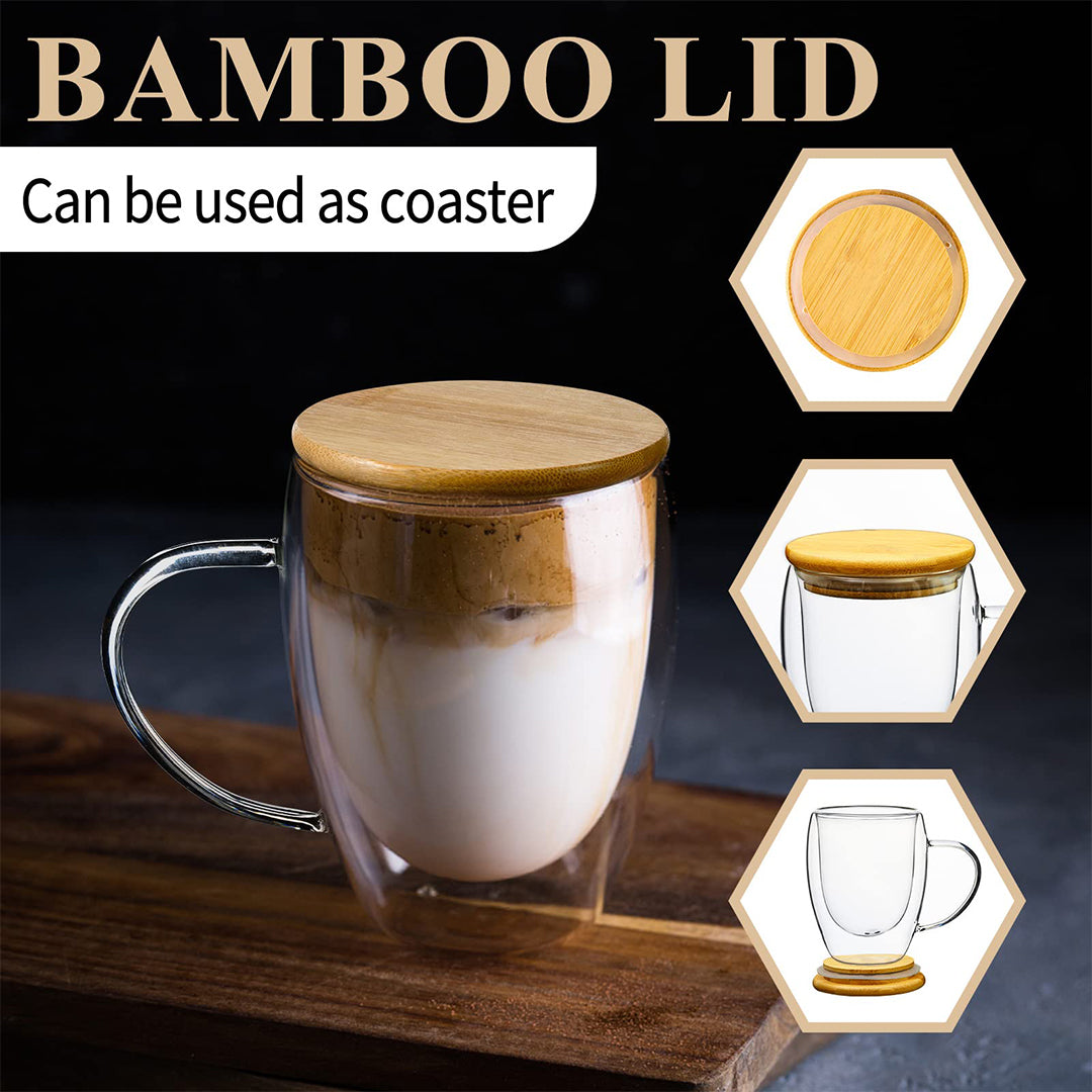 Glass Coffee Cup Set of 2 with Bamboo Lid/Spoon, Double Insulated Clear Tea Cup 12oz with Hands