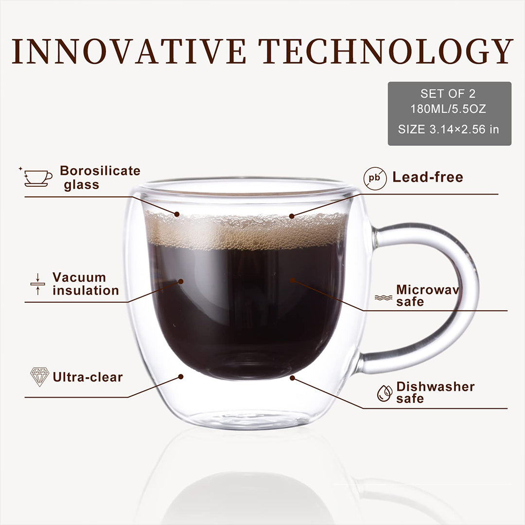 PARACITY Espresso Cups Set Of 2, Double Wall Insulated Glass Coffee Mugs 5.5 OZ