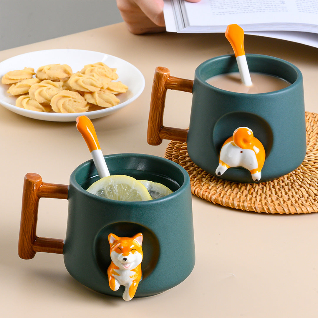 Cute Dog Ceramic Mug Wood Handle Design With Spoon And Lid