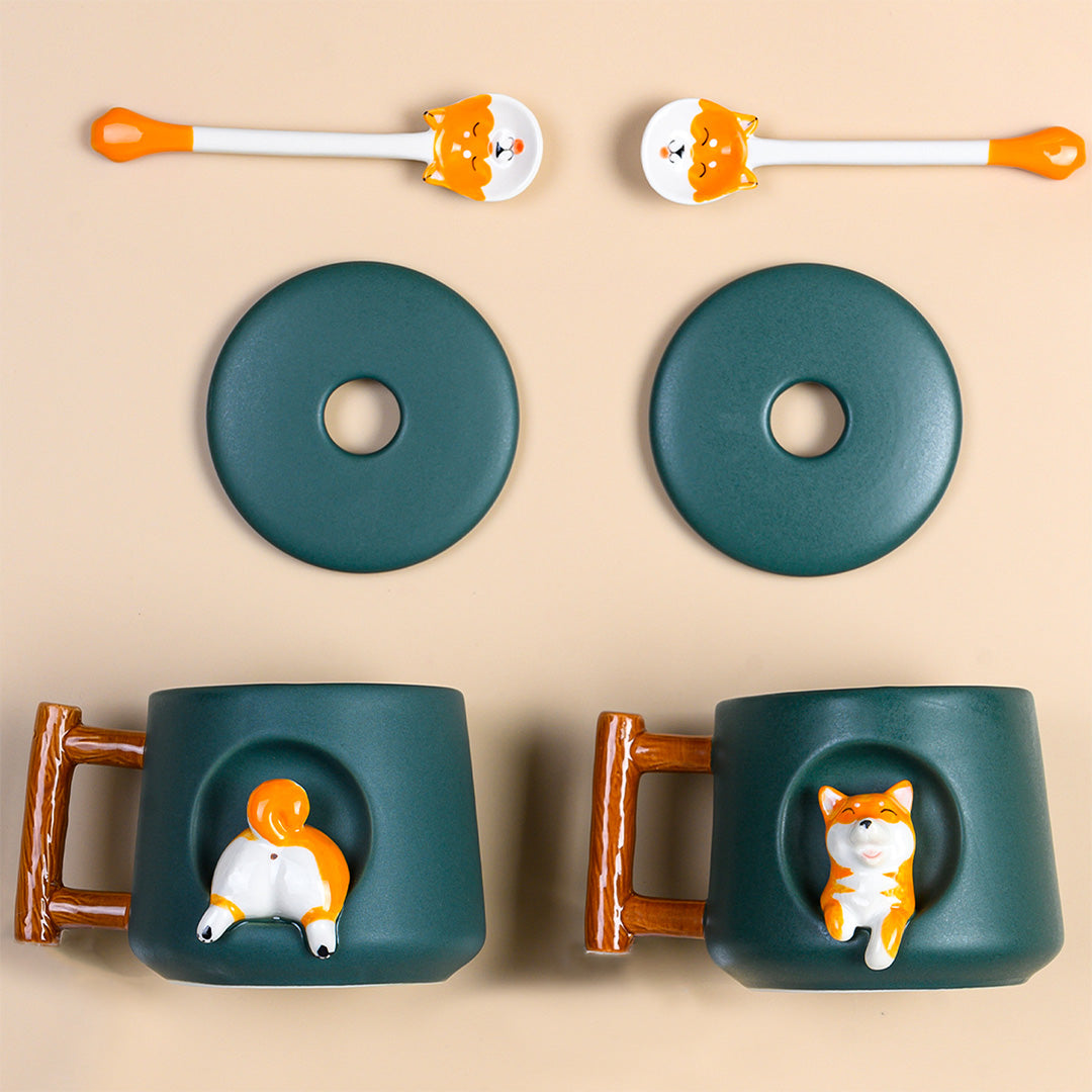 Cute Dog Ceramic Mug Wood Handle Design With Spoon And Lid