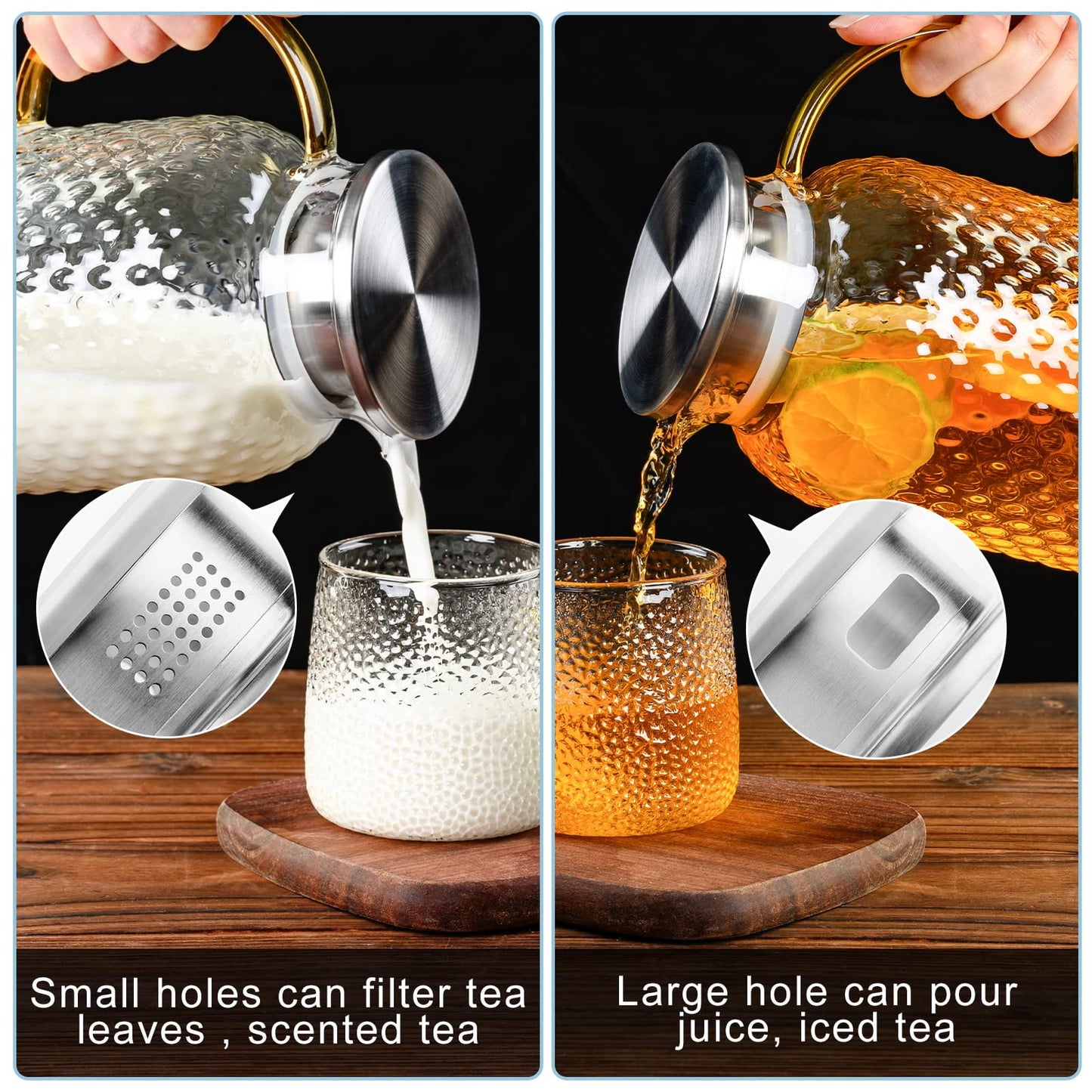 Baalaka Glass Pitcher, 64 oz, with Lid and Spout, Large Bore Design