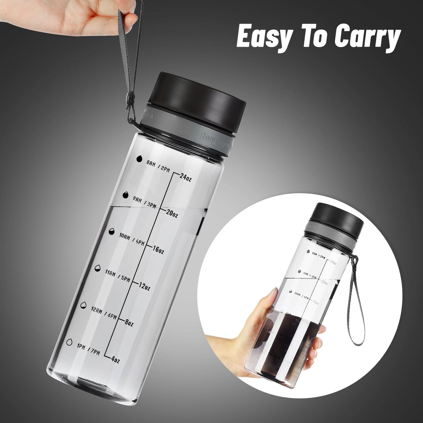 Baalaka 28oz Water Bottle with Time Marker & Strap - BPA-Free Clear Plastic for Gym, Fitness, Hiking, Dishwasher Safe