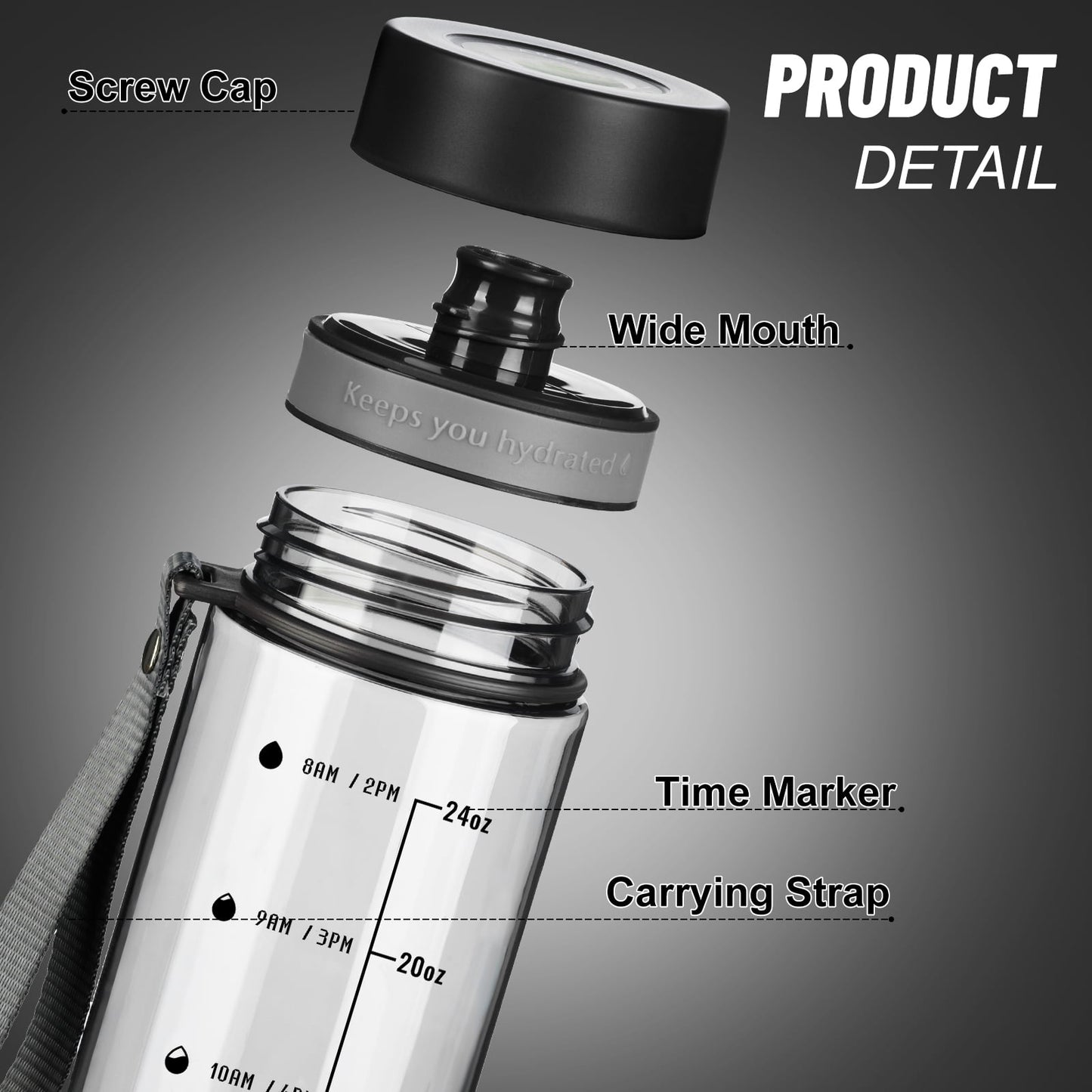 Baalaka 28oz Water Bottle with Time Marker & Strap - BPA-Free Clear Plastic for Gym, Fitness, Hiking, Dishwasher Safe