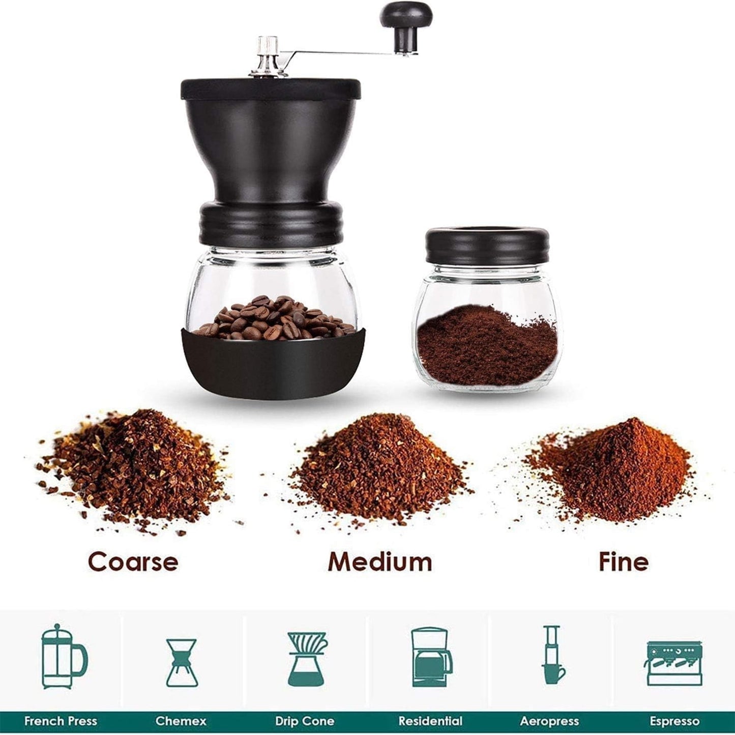 Baalaka Manual Coffee Bean Grinder Small, Ceramic Burr, 2 x 11oz Glass Jars, Stainless Steel Handle for Drip, Espresso, French Press & Turkish Brew