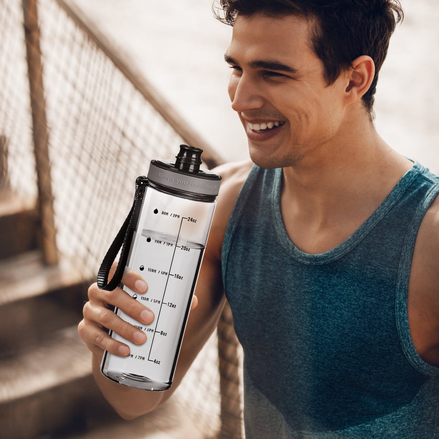 Baalaka 28oz Water Bottle with Time Marker & Strap - BPA-Free Clear Plastic for Gym, Fitness, Hiking, Dishwasher Safe