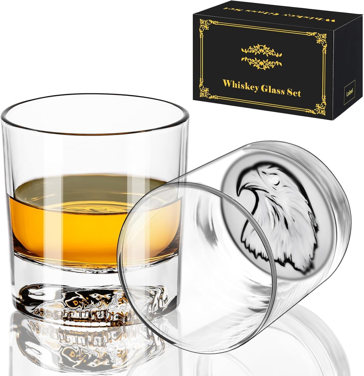 Baalaka Whiskey Glasses, Eagle Pattern Thick Bottom, Old Fashioned Glasses for Scotch, Whiskey, Gin, Vodka, 10.6oz Whiskey Glasses Set of 2, Gift for Men