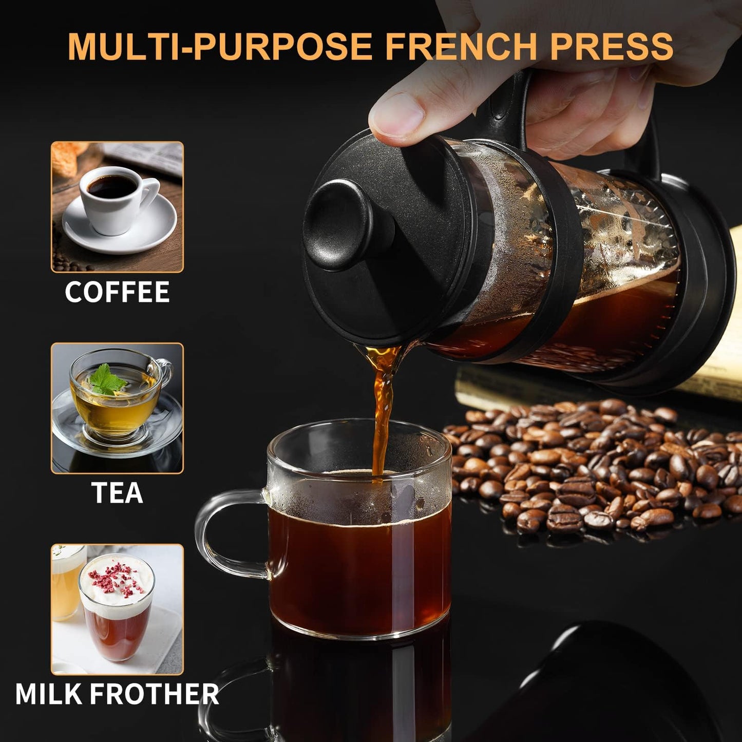 Baalaka French Press Coffee/Tea Maker 304 Stainless Steel Filter and Heat Resistant Glass 11.8oz, Black