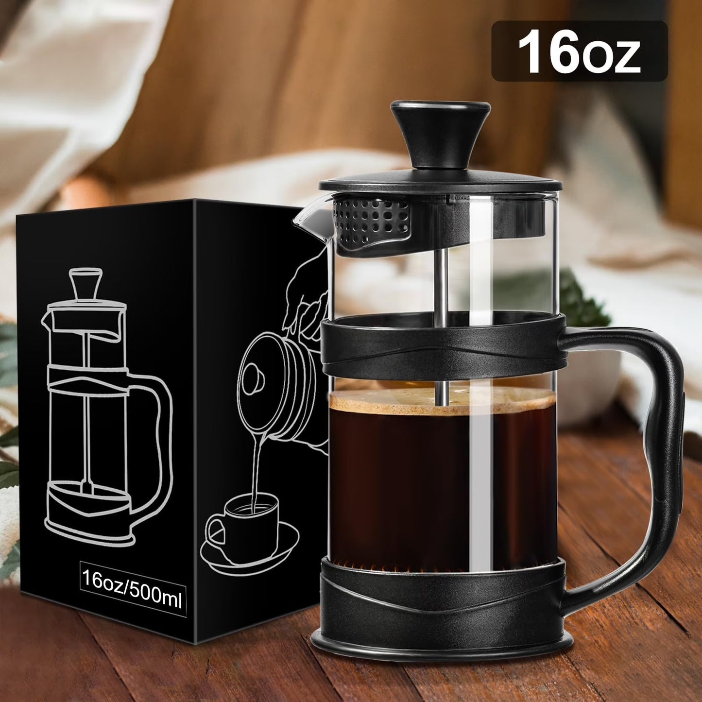 Baalaka French Press Coffee/Tea Maker 304 Stainless Steel Filter and Heat Resistant Glass 16oz, Black